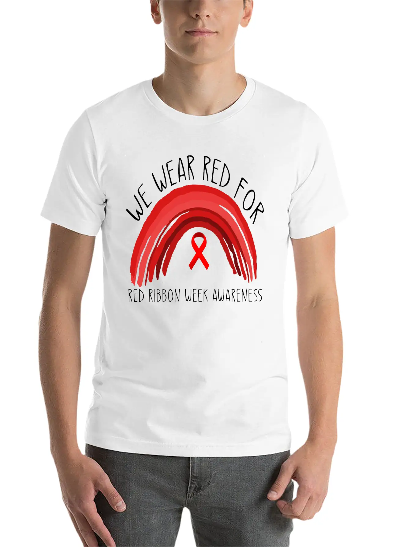 We Wear Red For Red Ribbon Week Awareness Timeless Short Sleeve Tee – Comfy And Minimalist Design