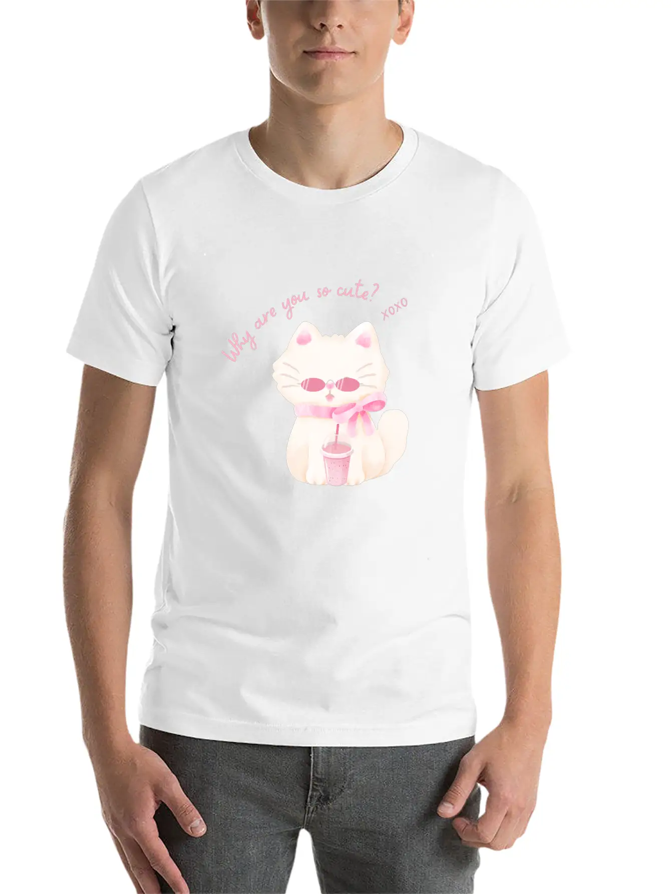 Why Are You So Cute Cat - Adorable Pink Vibe Kitty Timeless Short Sleeve Tee – Comfy And Minimalist Design