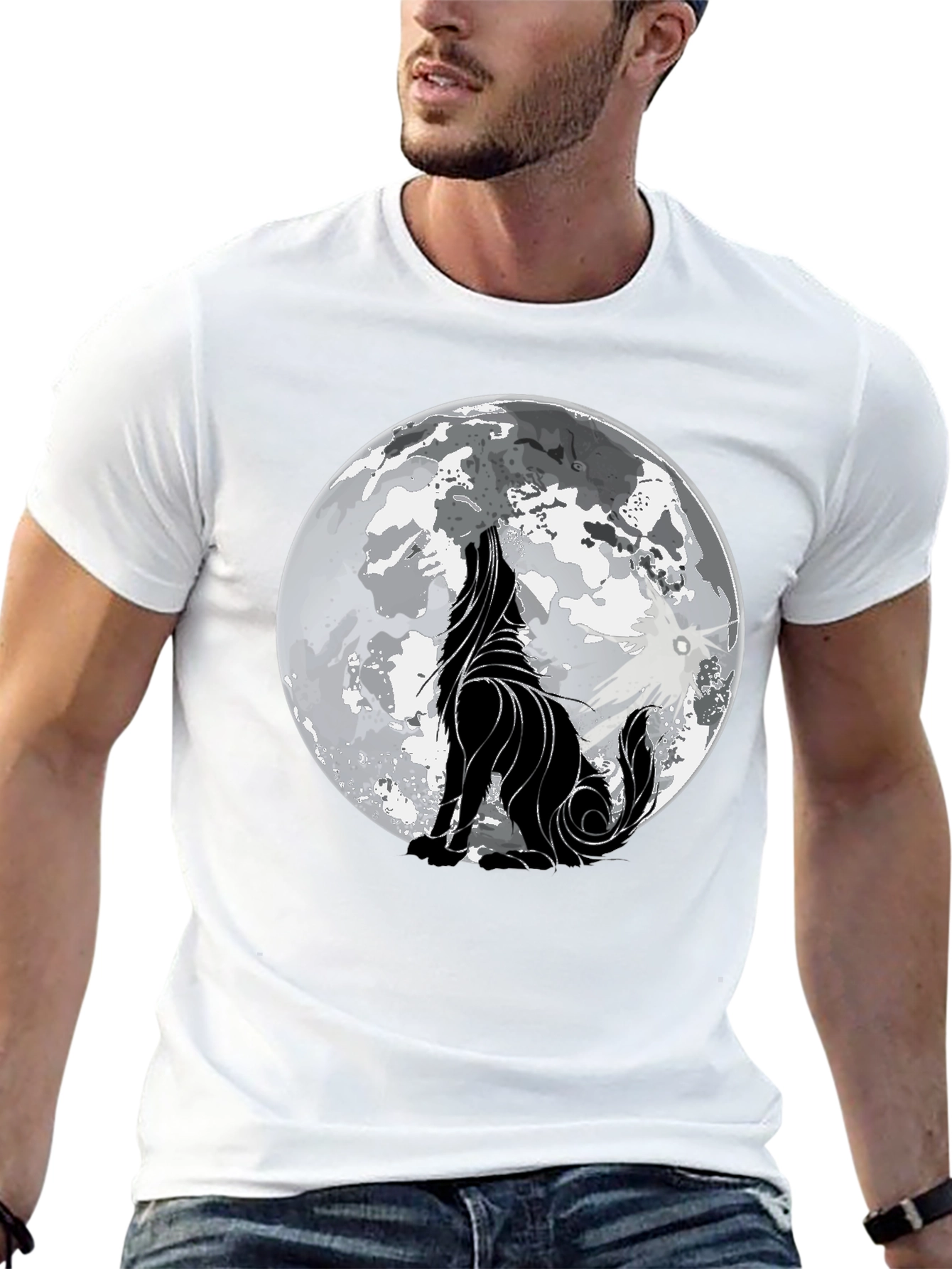 Wolf Howling at Moon Graphic Black T-Shirt