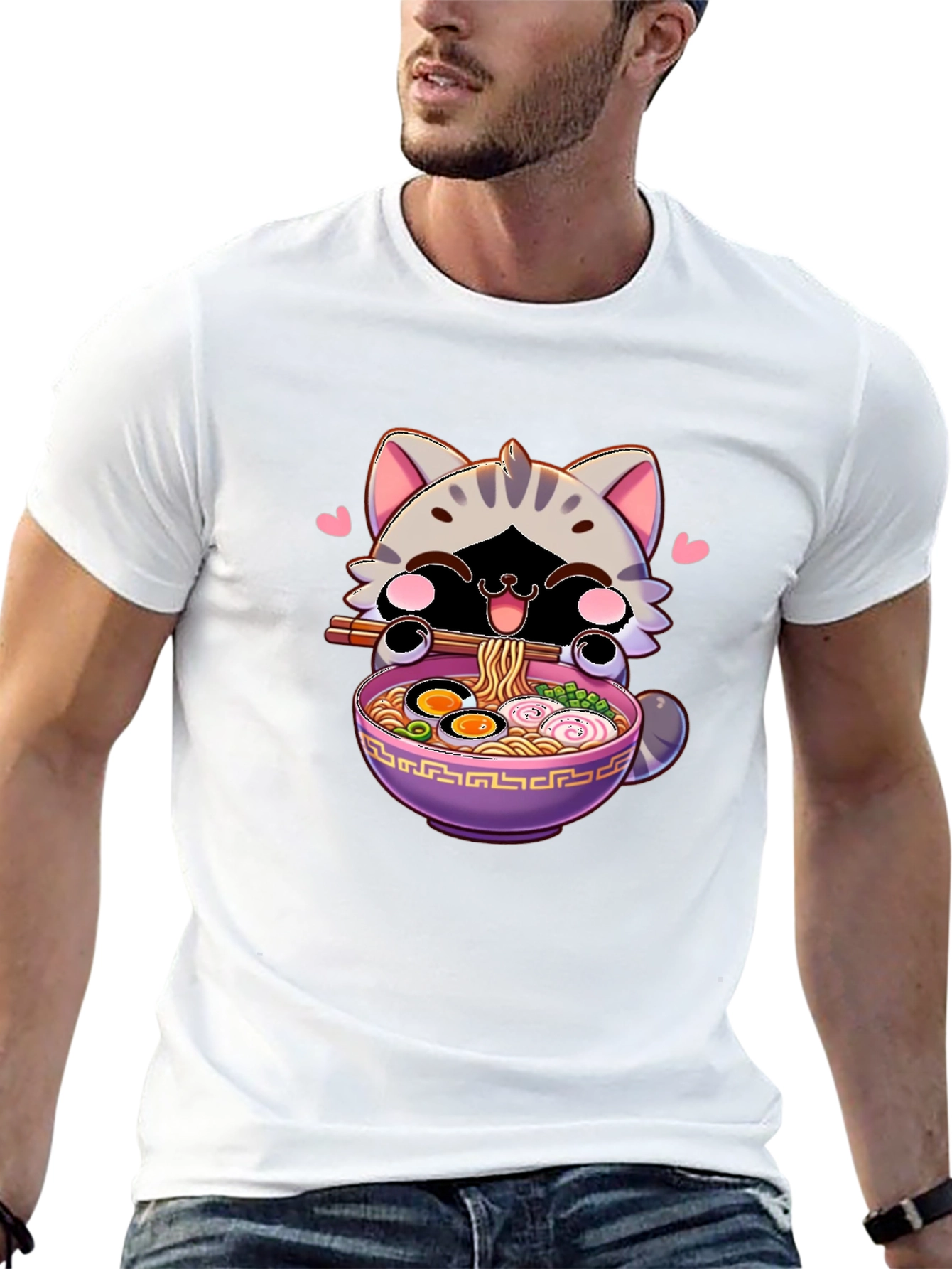 Cute Anime Cat Ramen Bowl Graphic T-Shirt