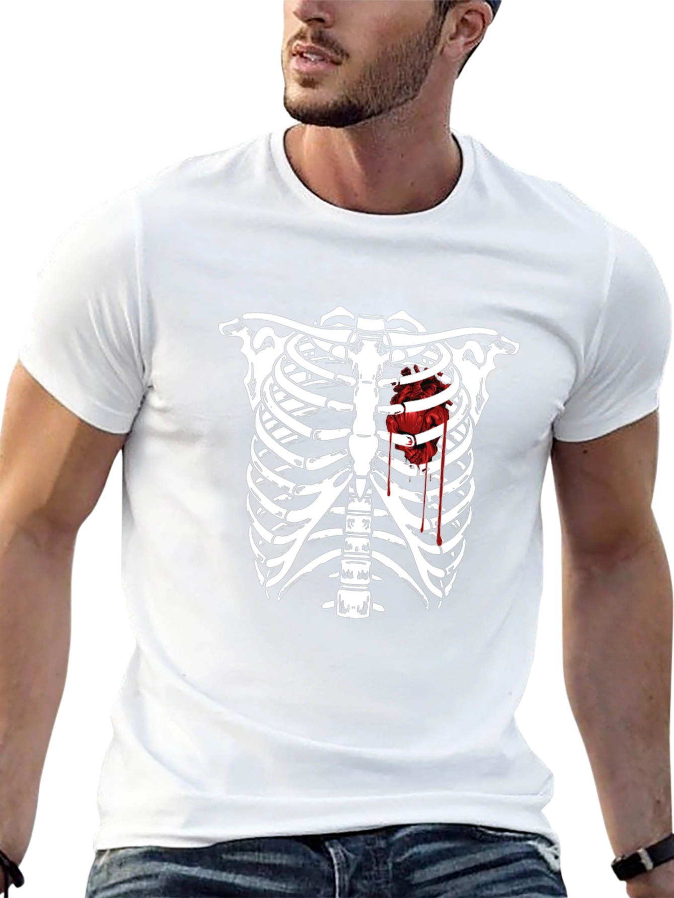 Skeleton Rib Cage Heart Graphic Tee - Black