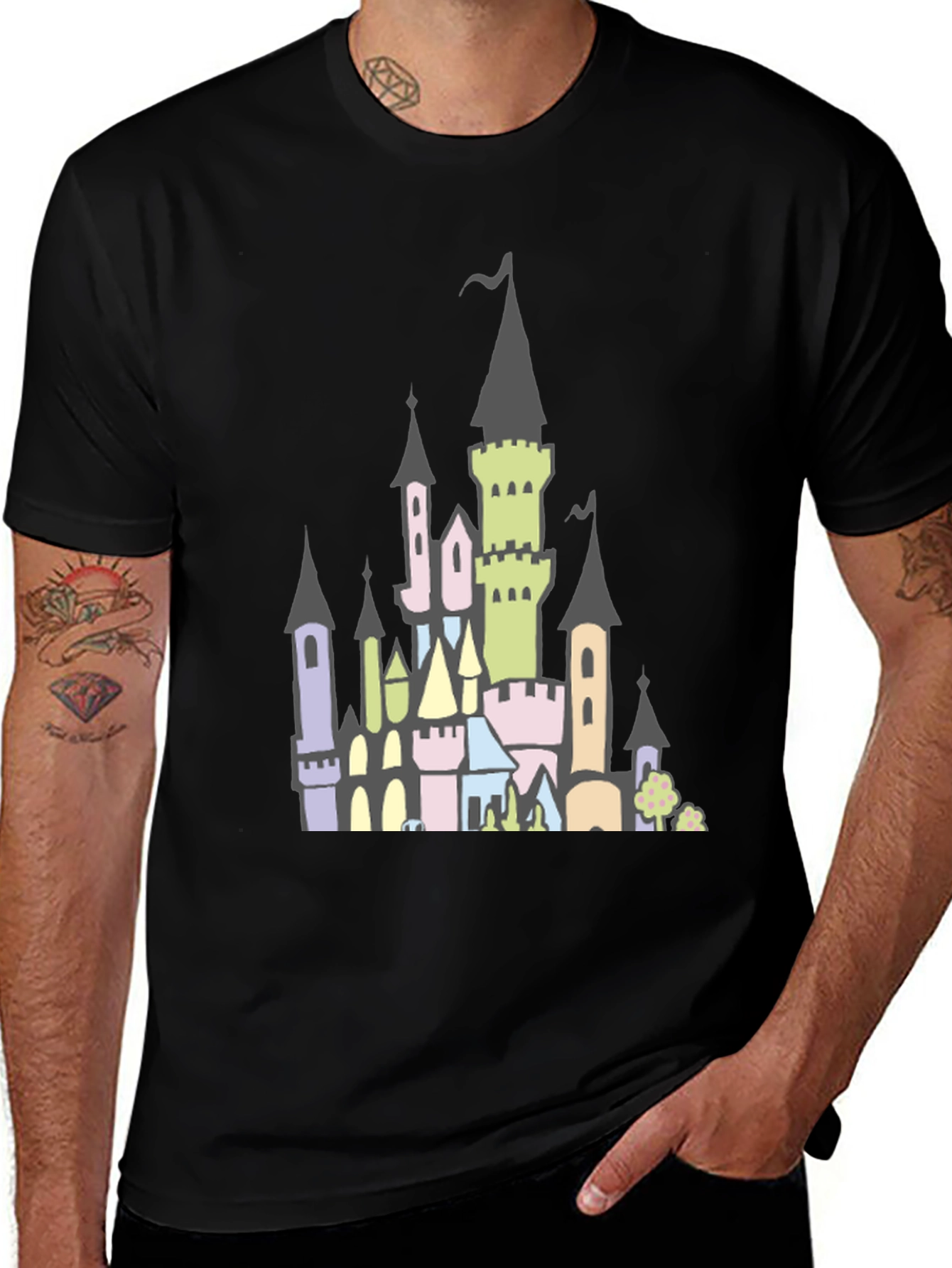 Fantasy Castle Graphic Tee - Black Cotton Shirt