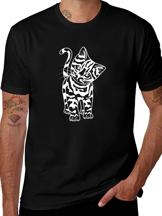 Striped Cat Graphic Tee - Mens Black T-Shirt