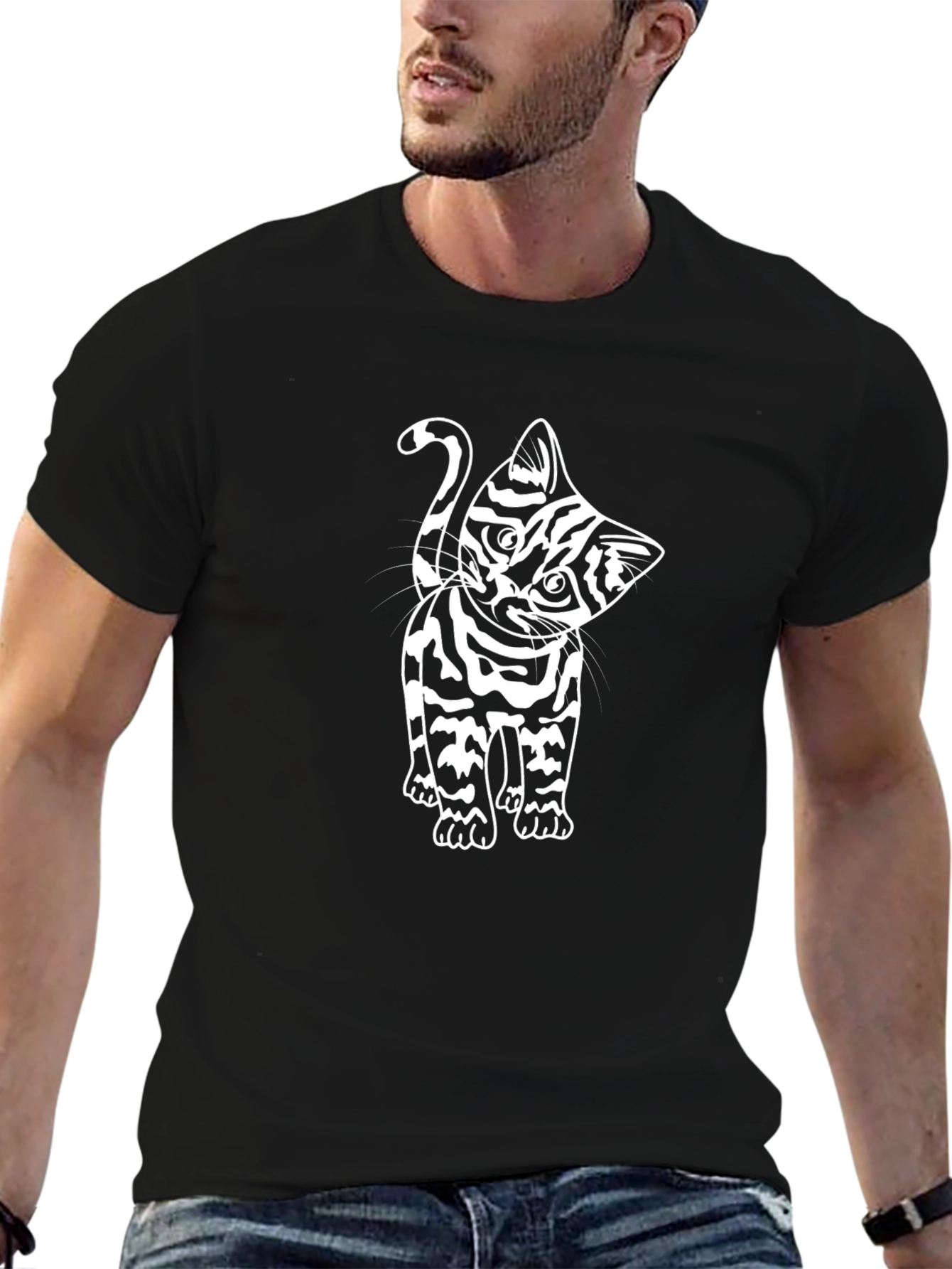 Striped Cat Graphic Tee - Mens Black T-Shirt