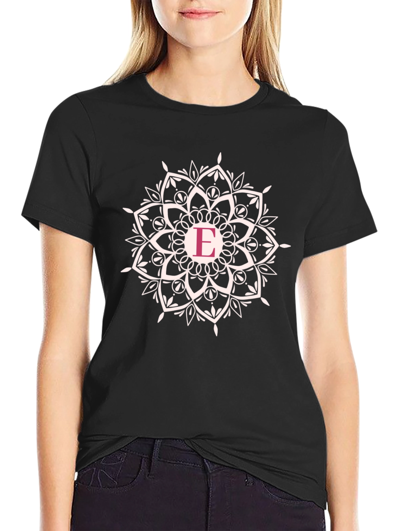 Initial E Mandala T-Shirt - Black