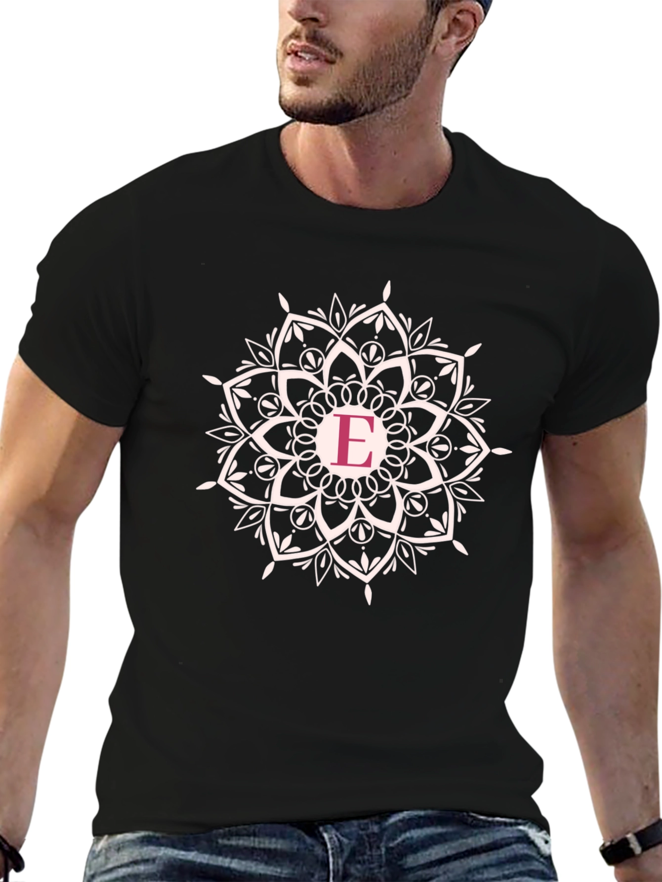 Initial E Mandala T-Shirt - Black