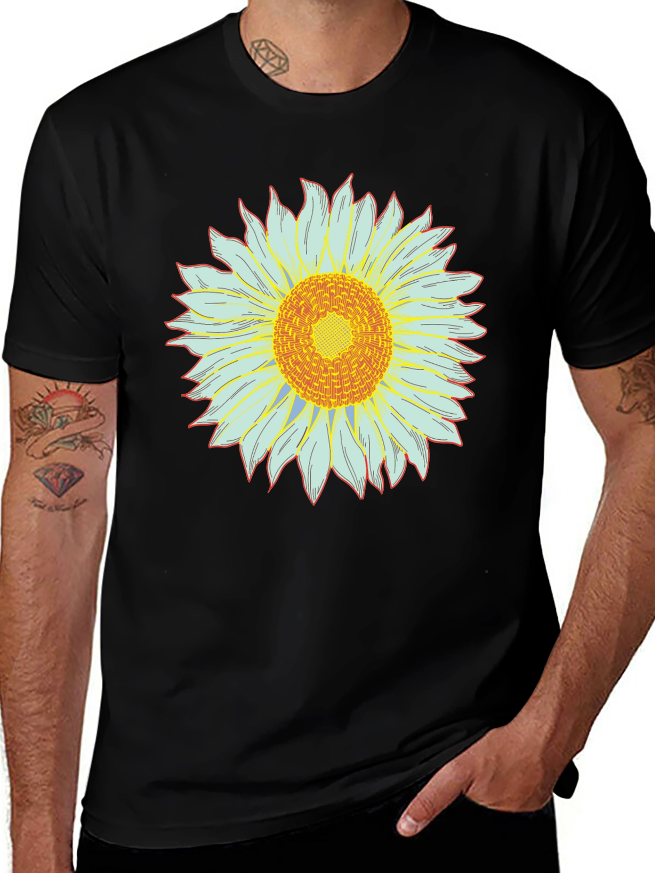 Sunflower Graphic Tee - Black Cotton Blend Casual Shirt