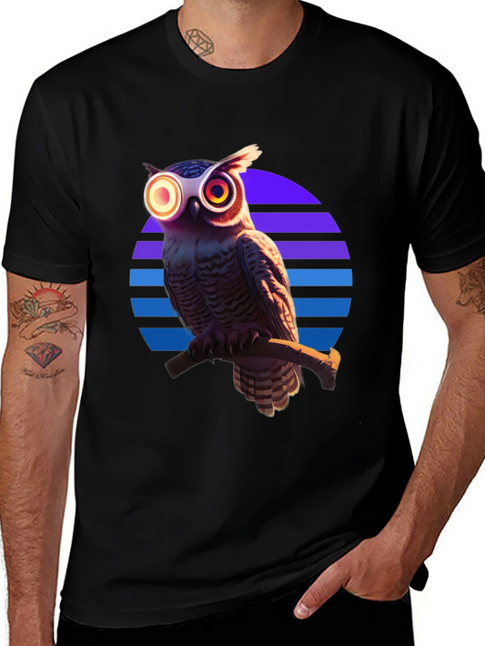 Retro Owl T-Shirt: Geometric Sunset Design