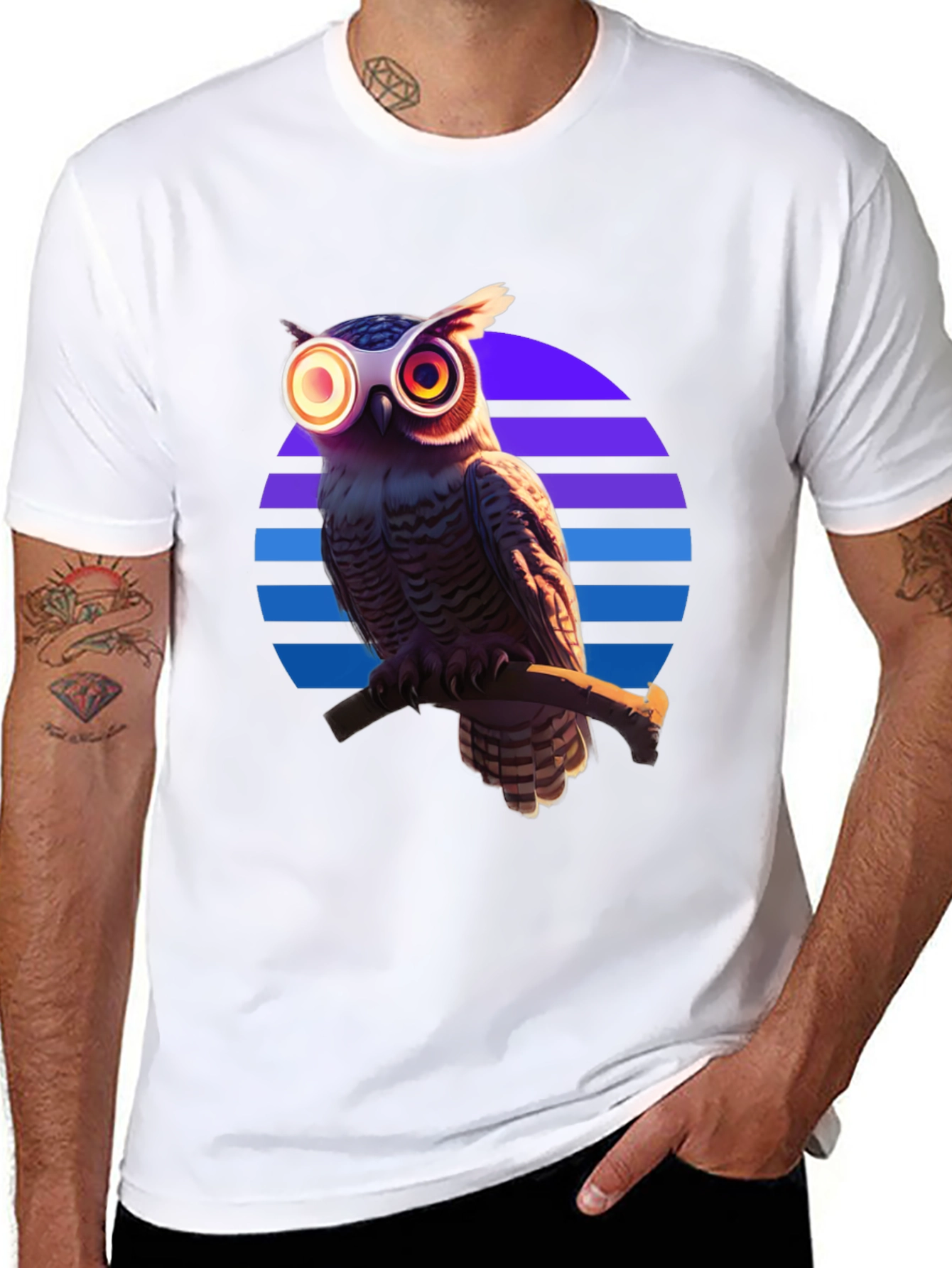 Retro Owl T-Shirt: Geometric Sunset Design