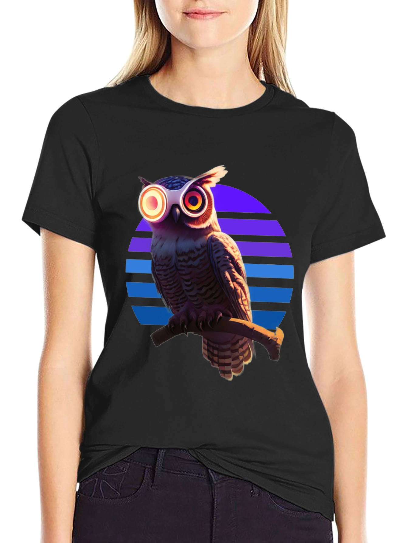 Retro Owl T-Shirt: Geometric Sunset Design
