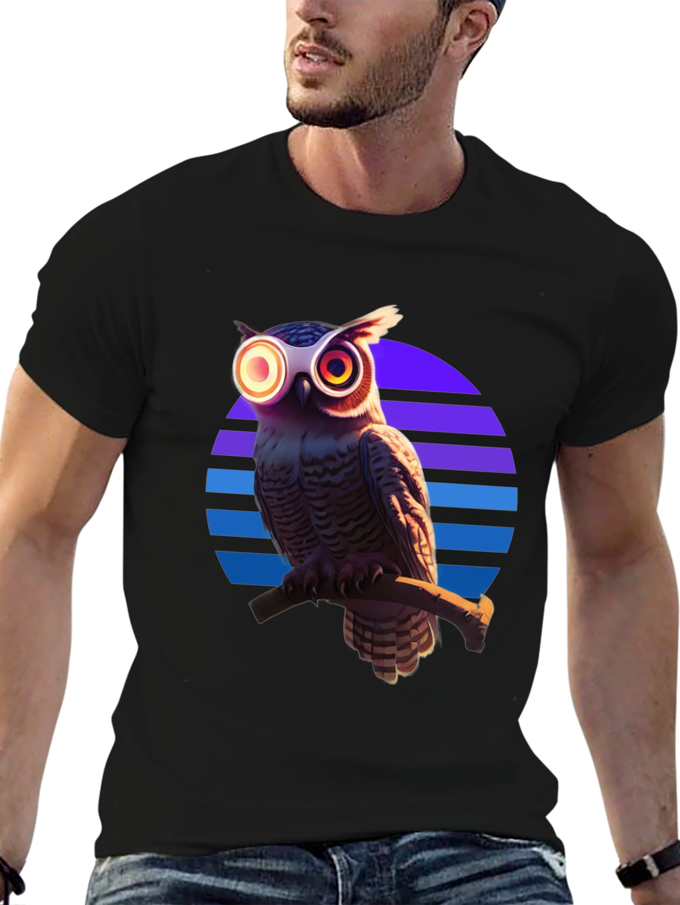 Retro Owl T-Shirt: Geometric Sunset Design