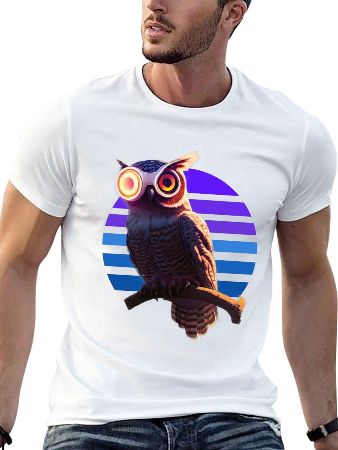 Retro Owl T-Shirt: Geometric Sunset Design