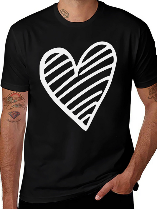 Black T-Shirt with White Striped Heart Graphic
