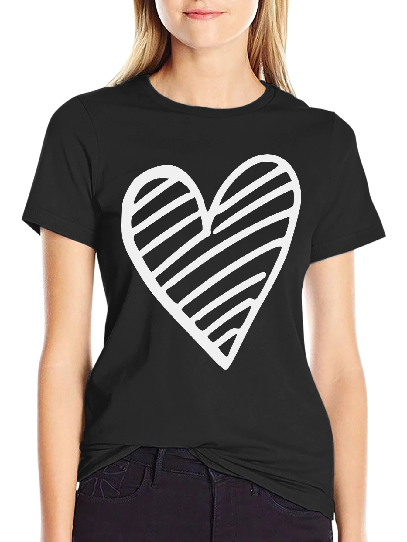 Black T-Shirt with White Striped Heart Graphic