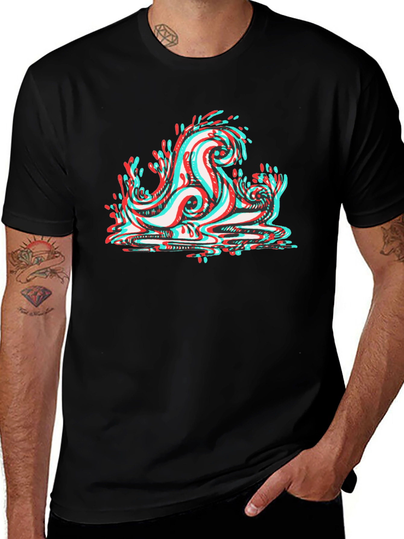 Cool 3D Wave Graphic Tee - Black