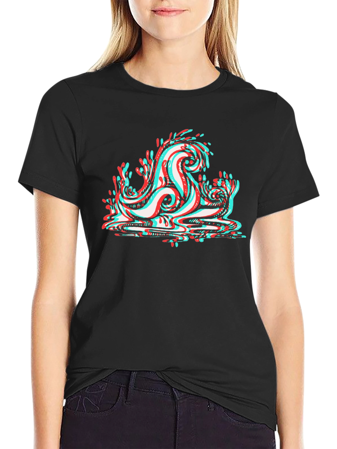 Cool 3D Wave Graphic Tee - Black