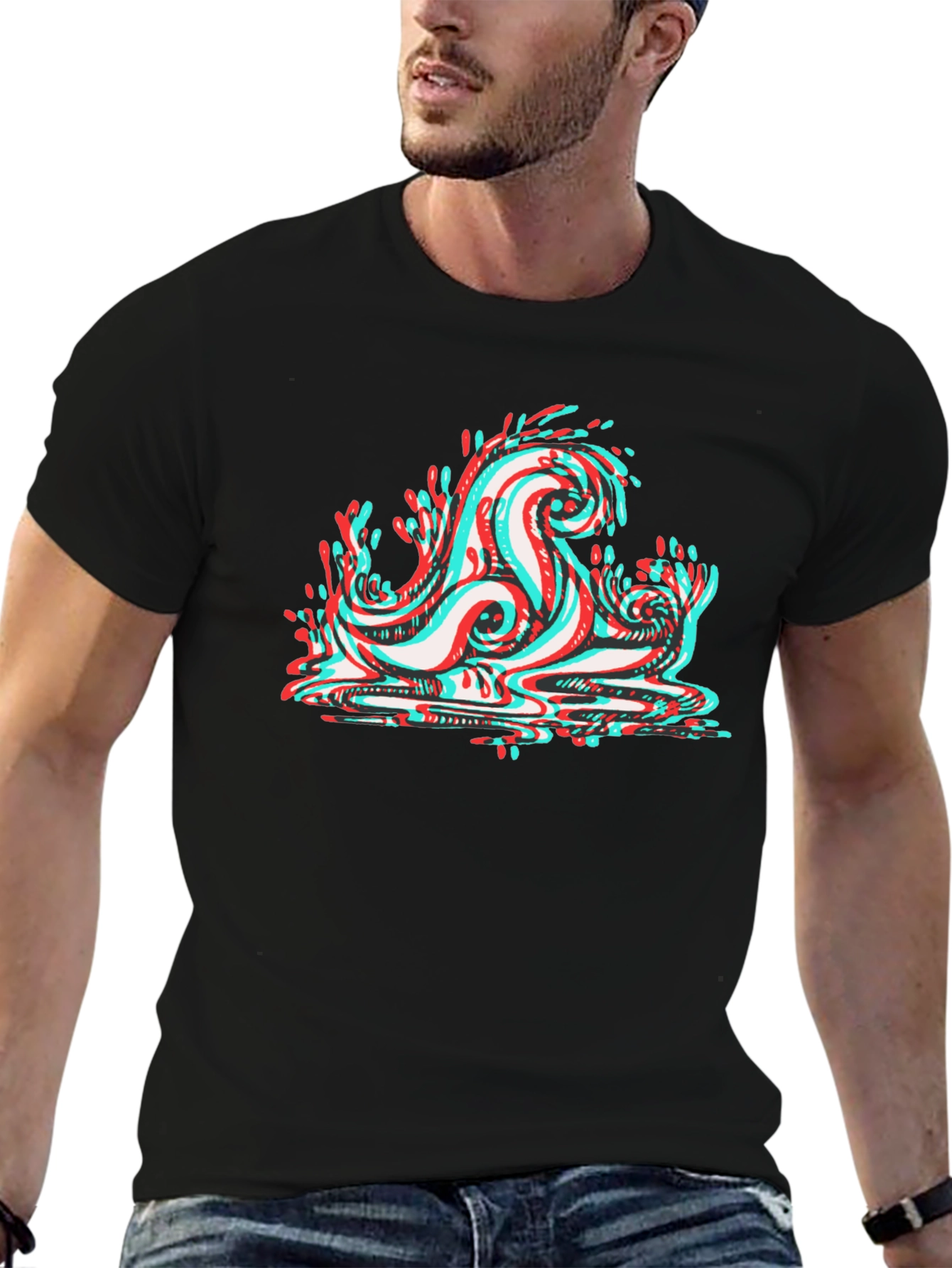 Cool 3D Wave Graphic Tee - Black