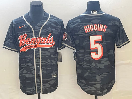 Men's Cincinnati Bengals Tee Higgins #5 Grey Camouflage Fashion Game Jerseys