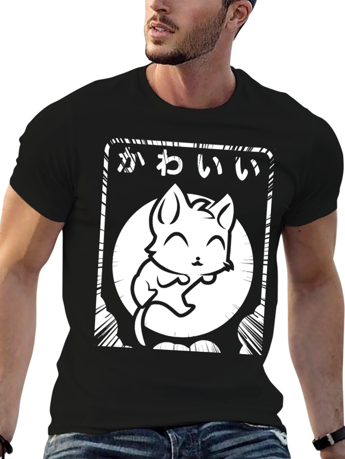 Kawaii Cat Graphic Black T-Shirt