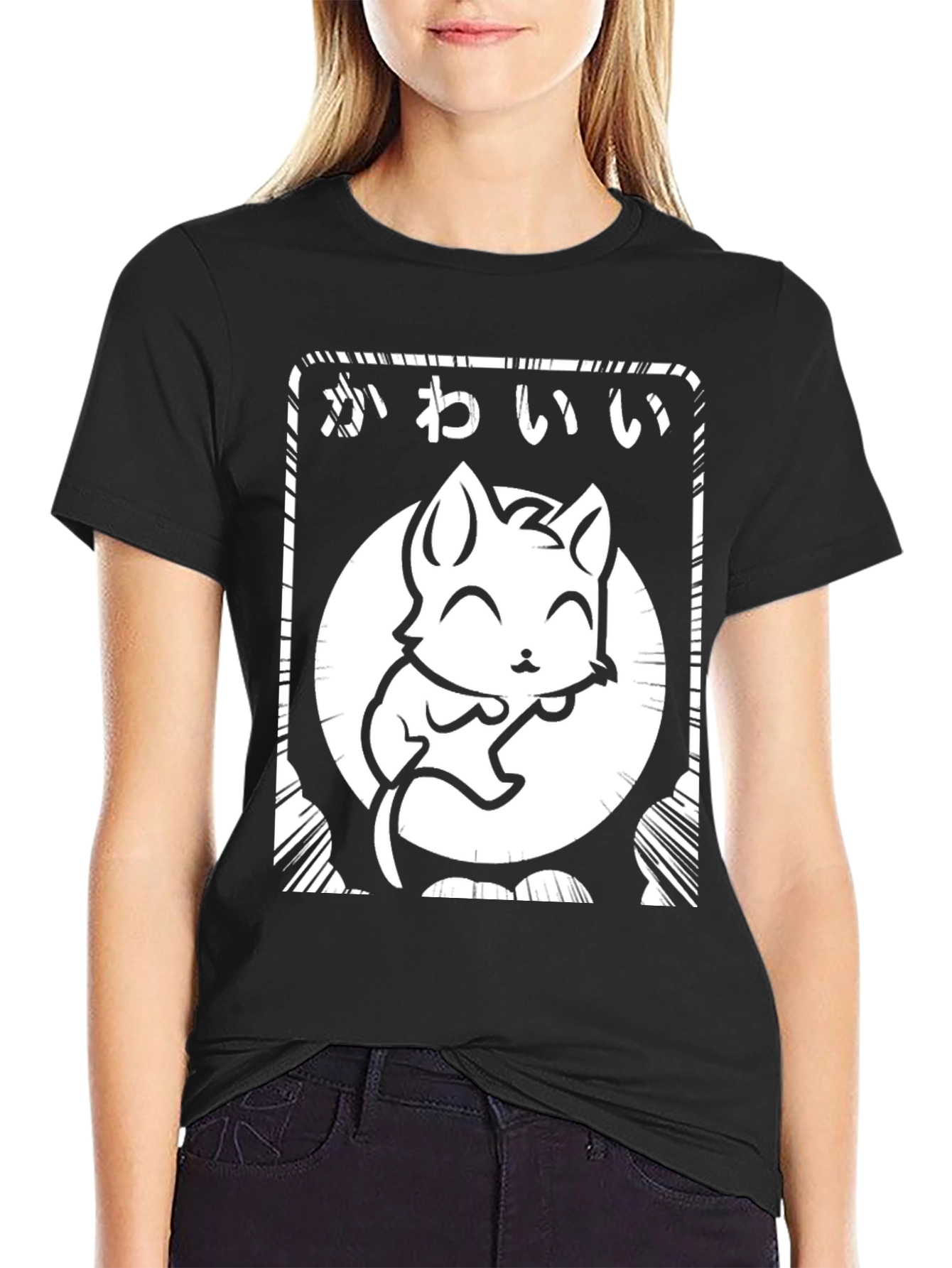 Kawaii Cat Graphic Black T-Shirt