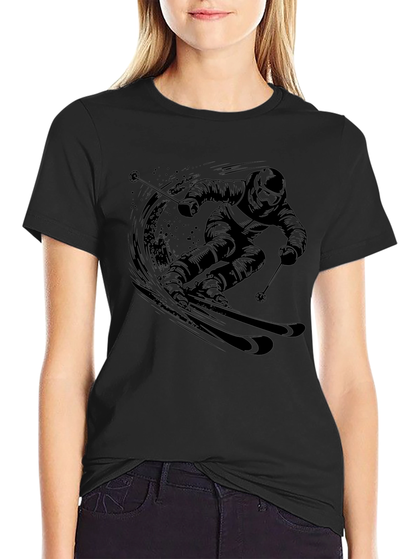 Skiing Graphic Tee - Black Cotton Comfort