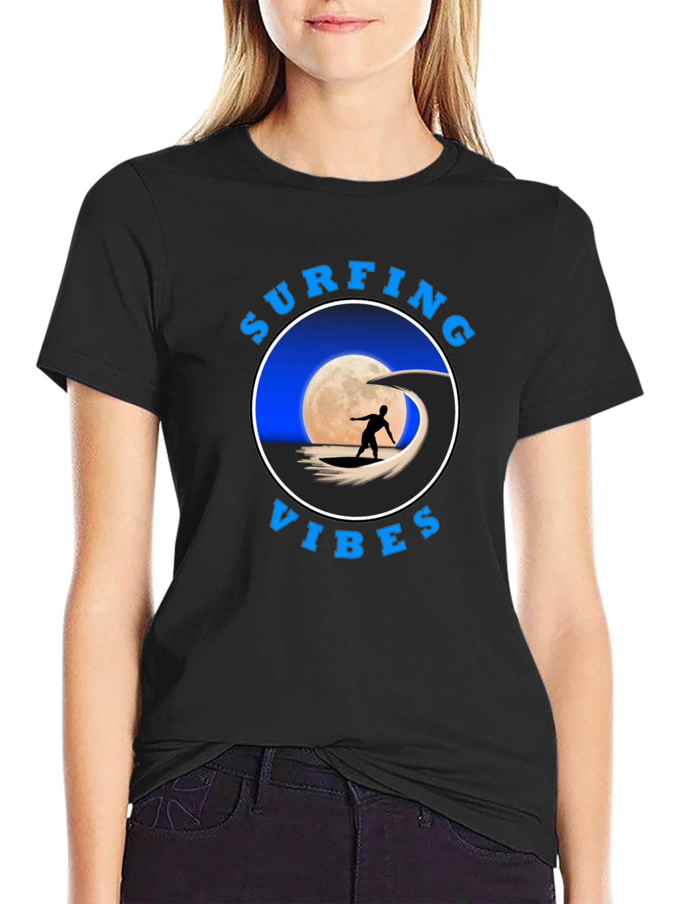 Surfing Vibes Graphic Tee - Black Cotton T-Shirt
