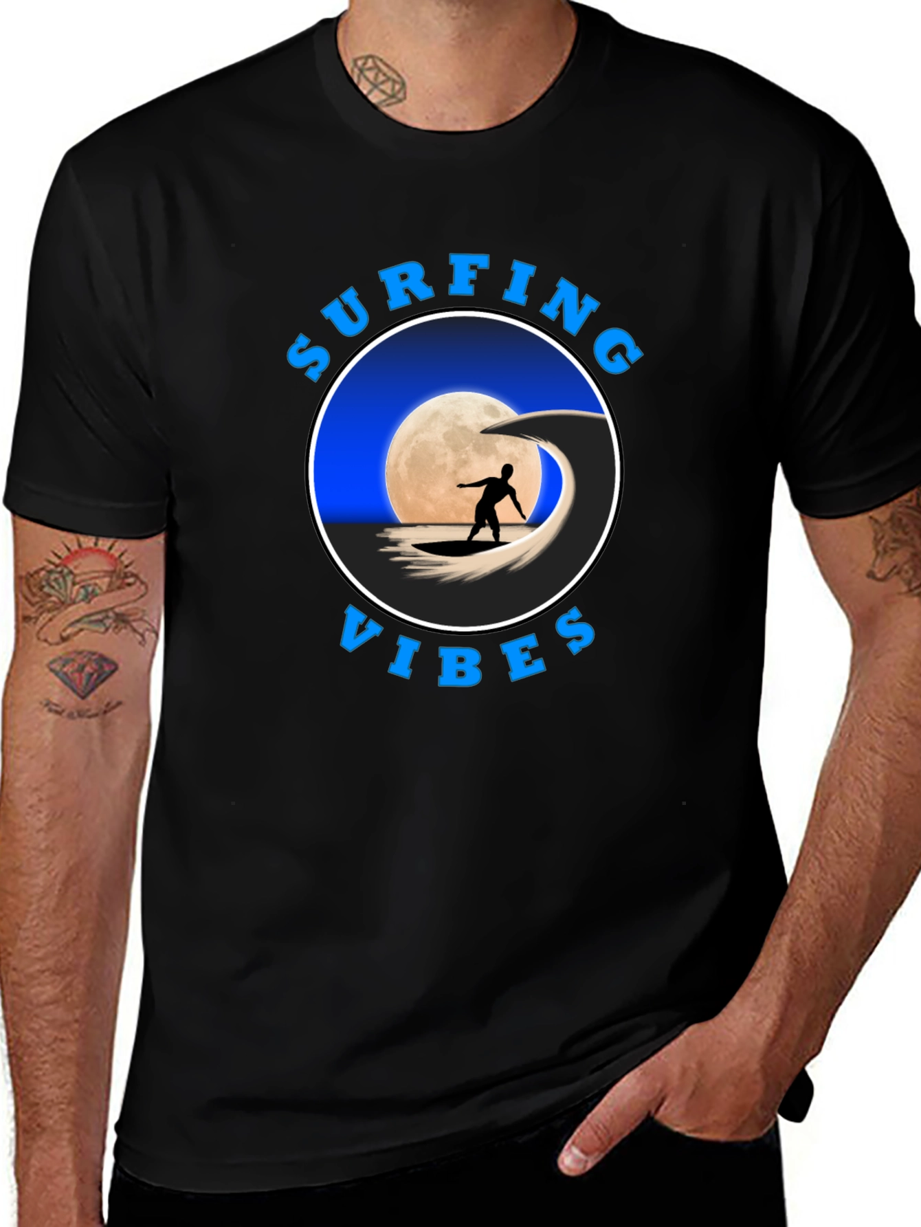 Surfing Vibes Graphic Tee - Black Cotton T-Shirt