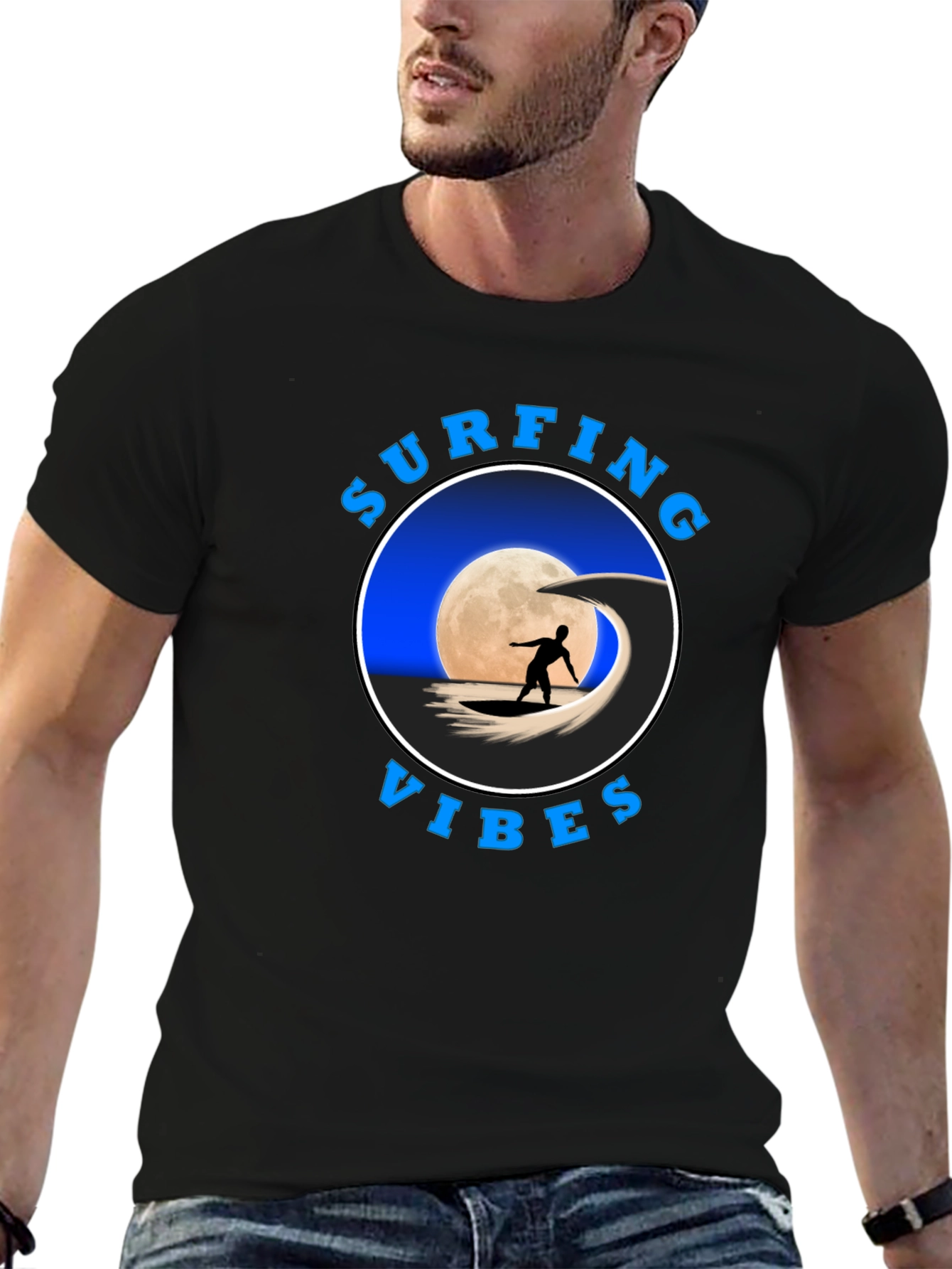 Surfing Vibes Graphic Tee - Black Cotton T-Shirt