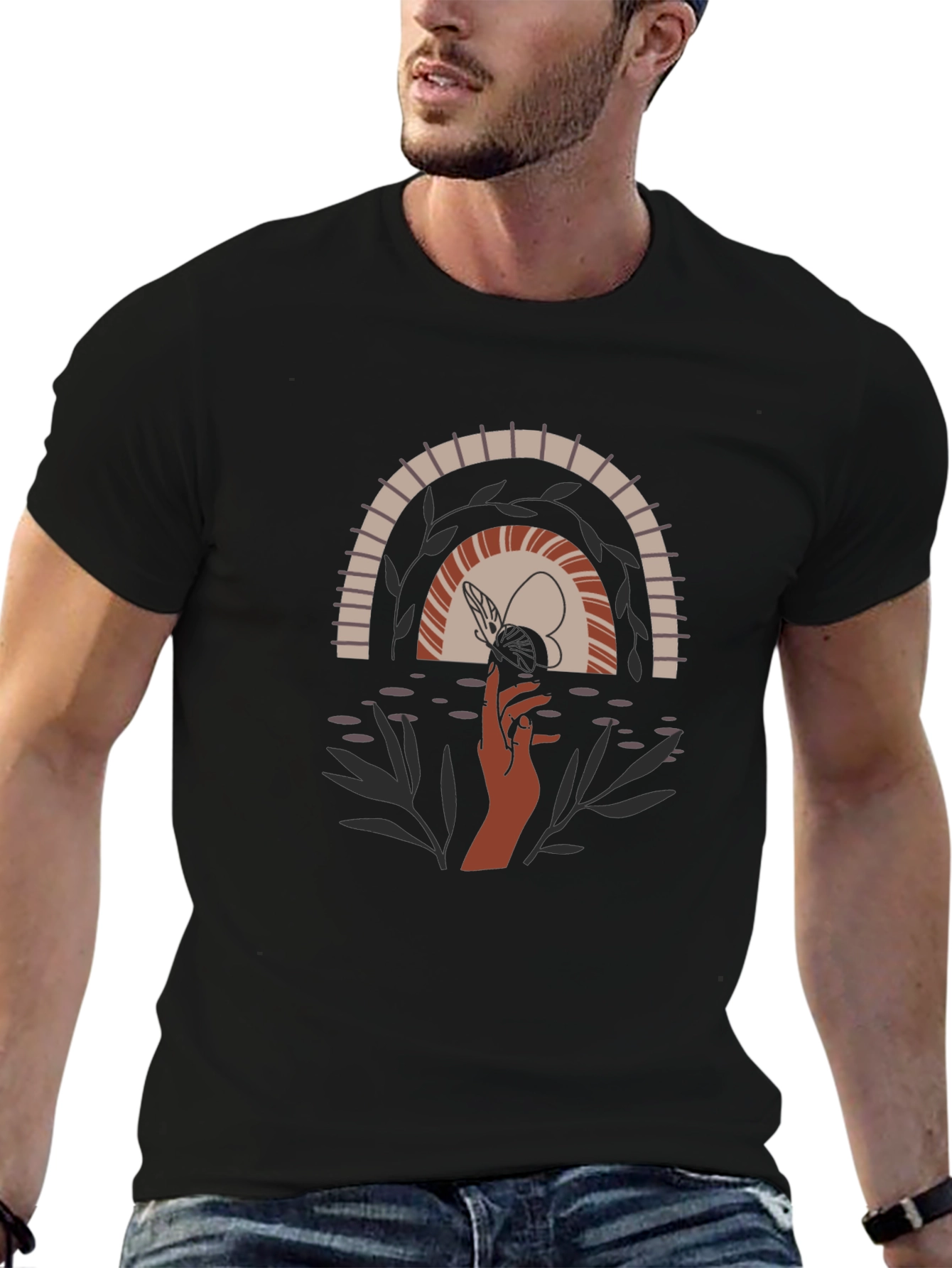 Boho Rainbow Hand Graphic Tee - Black