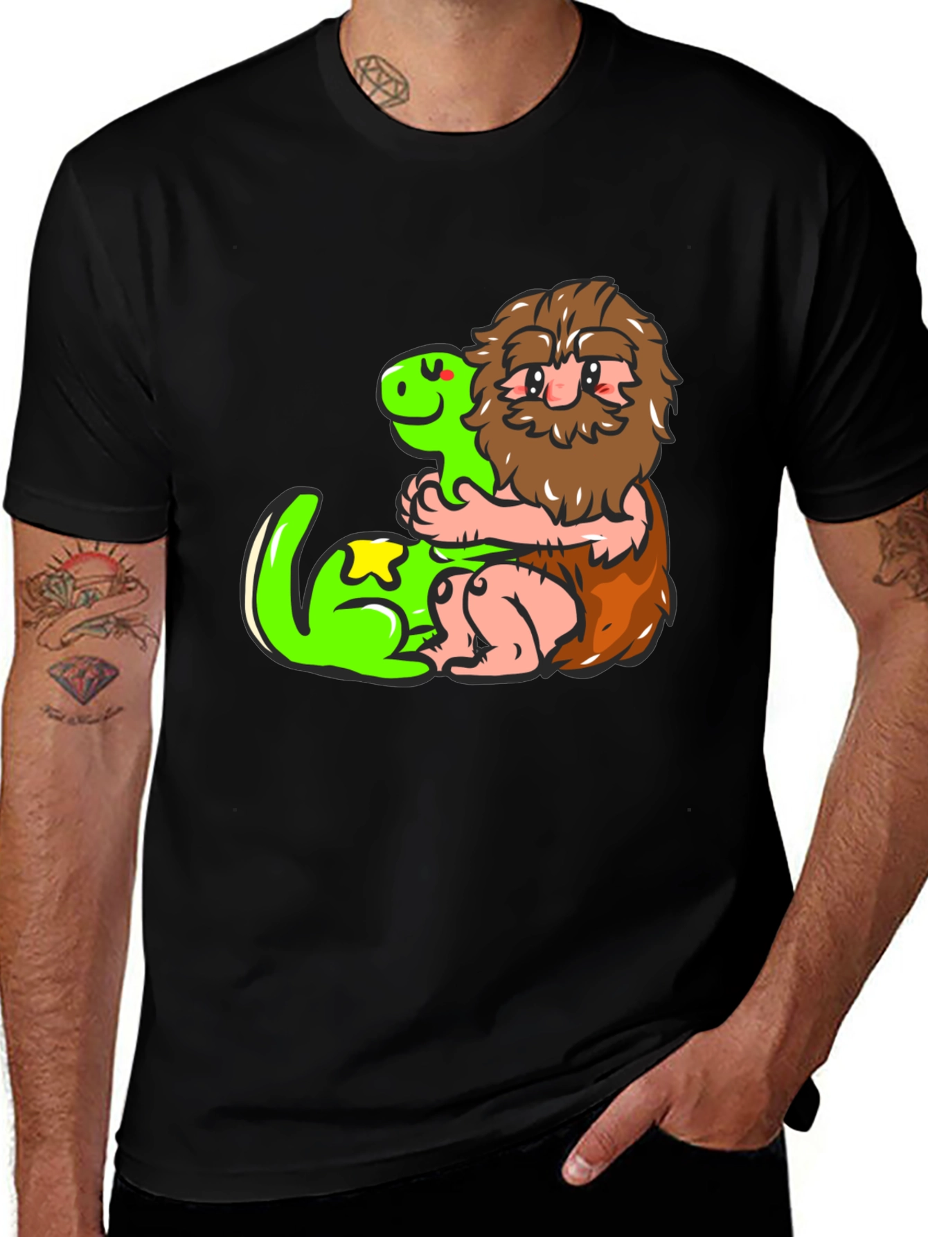 Caveman and Dino Black T-Shirt