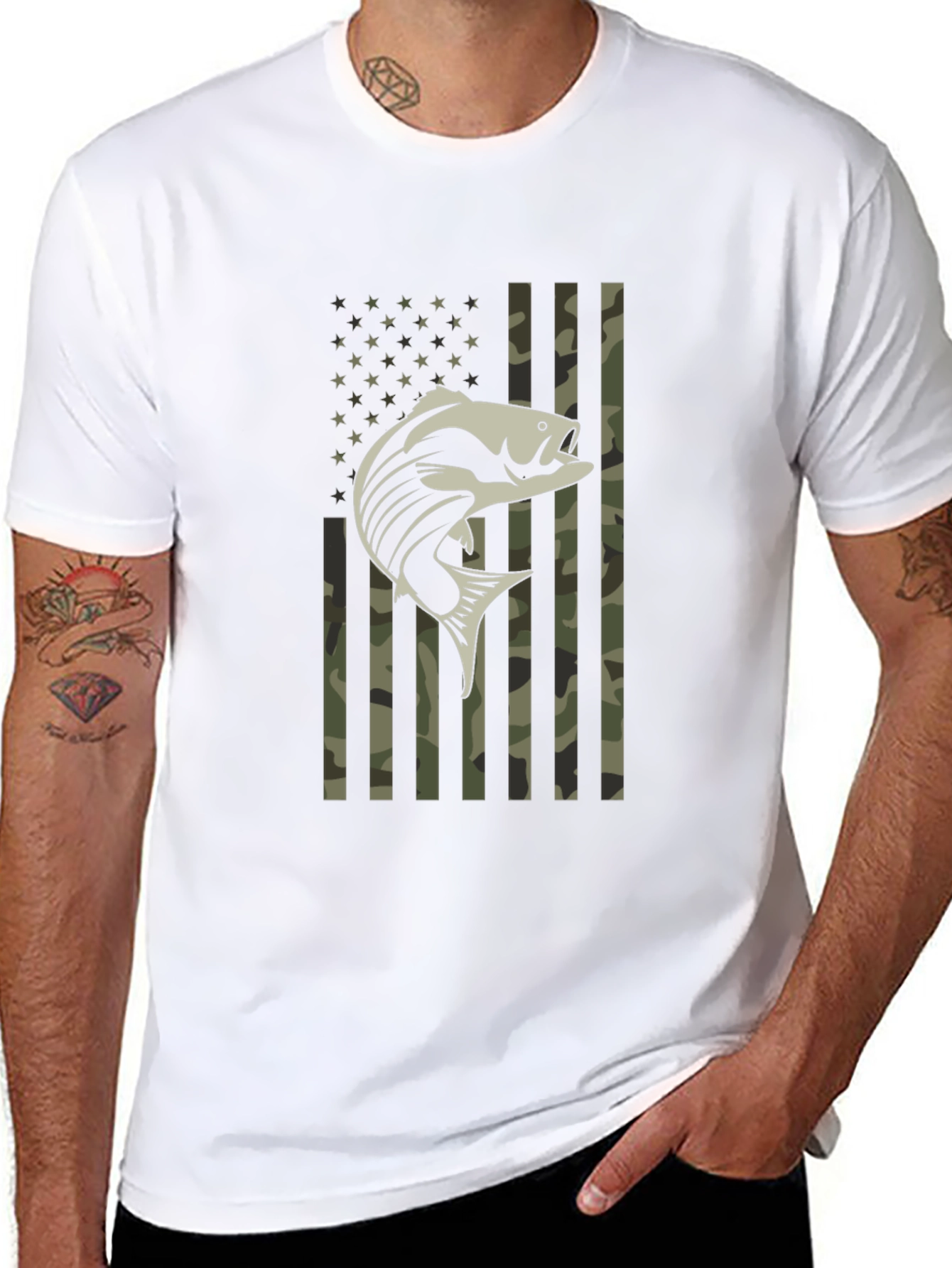 Patriotic Fishing T-Shirt Camo American Flag Bass Graphic