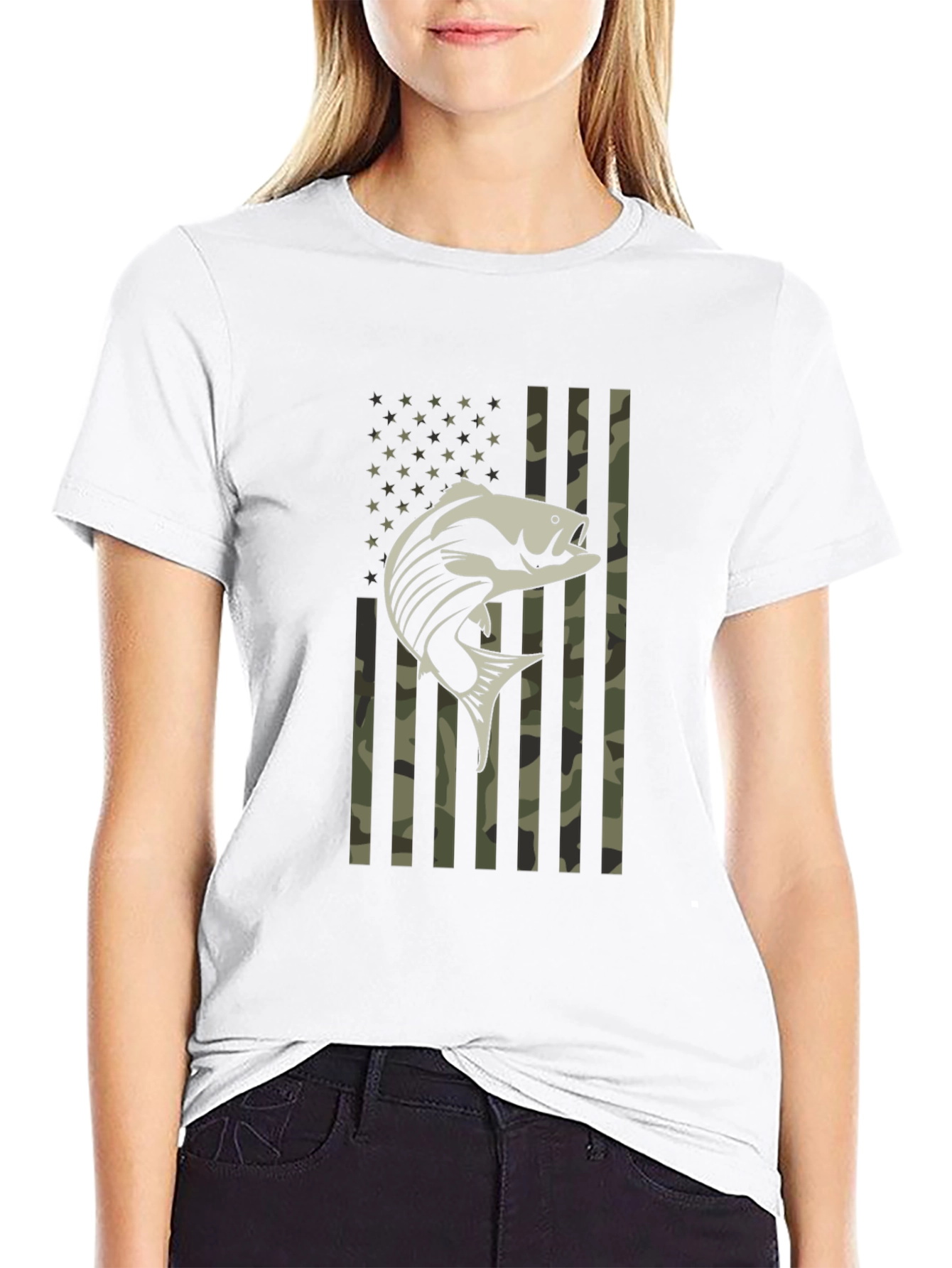 Patriotic Fishing T-Shirt Camo American Flag Bass Graphic