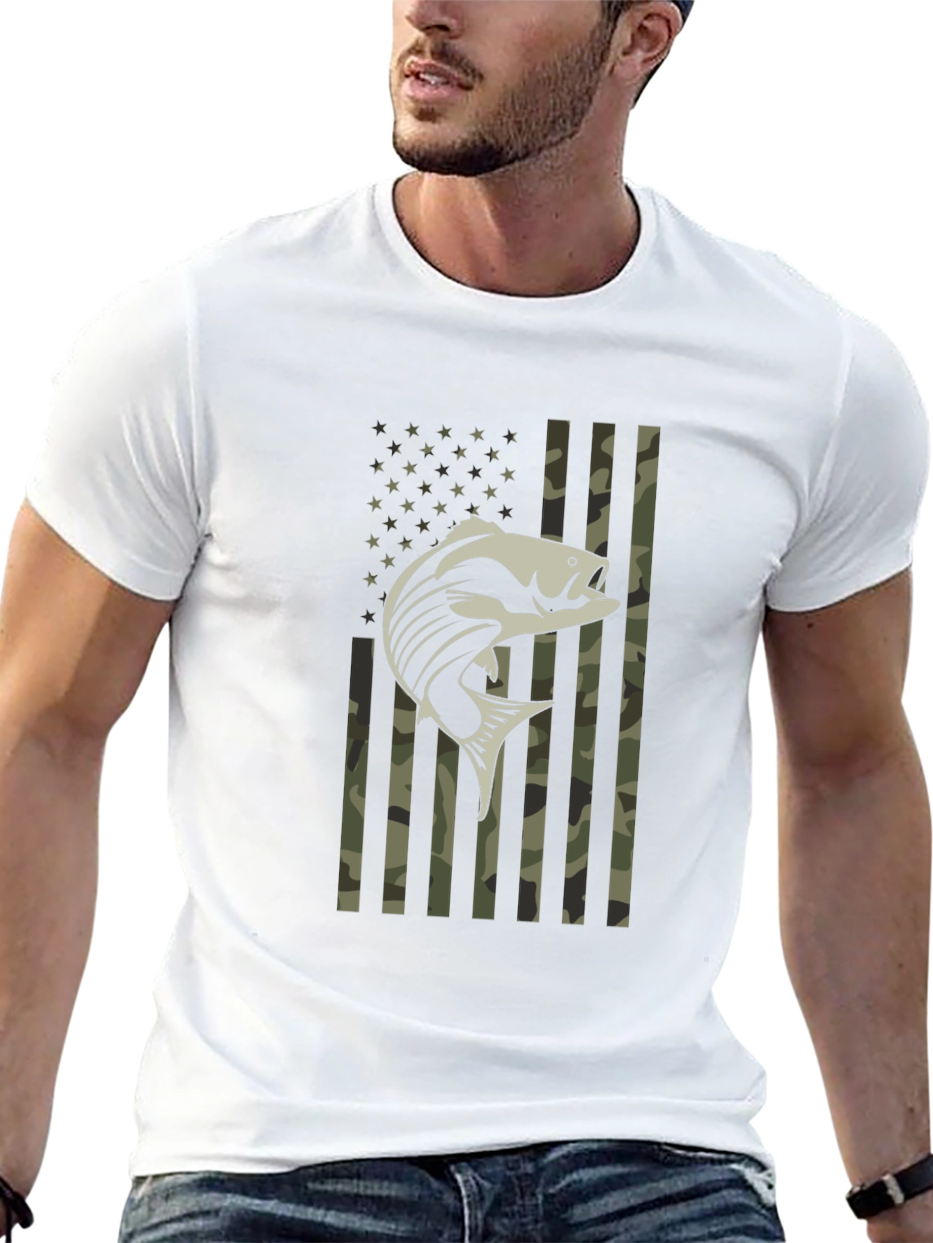 Patriotic Fishing T-Shirt Camo American Flag Bass Graphic