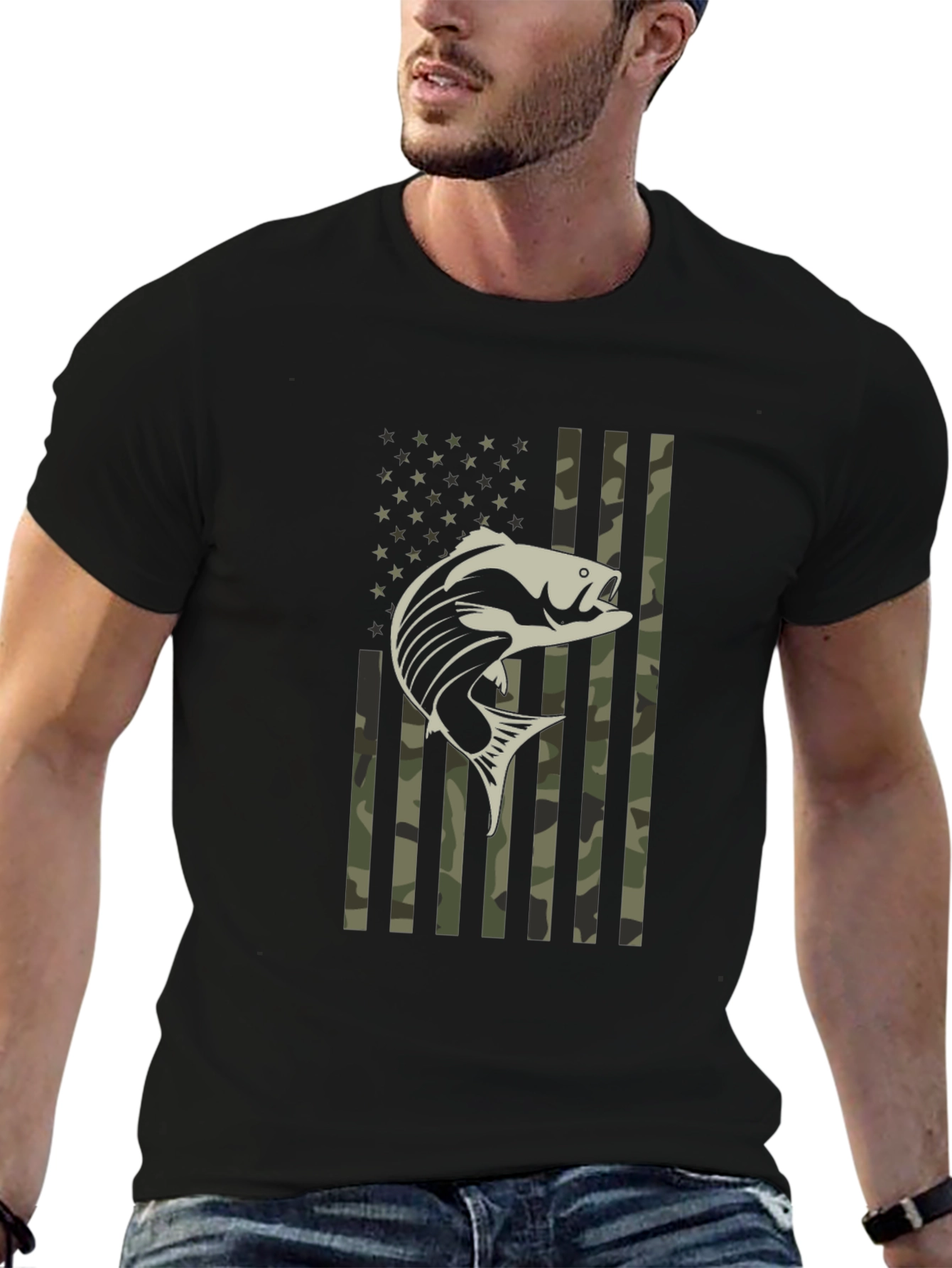 Patriotic Fishing T-Shirt Camo American Flag Bass Graphic