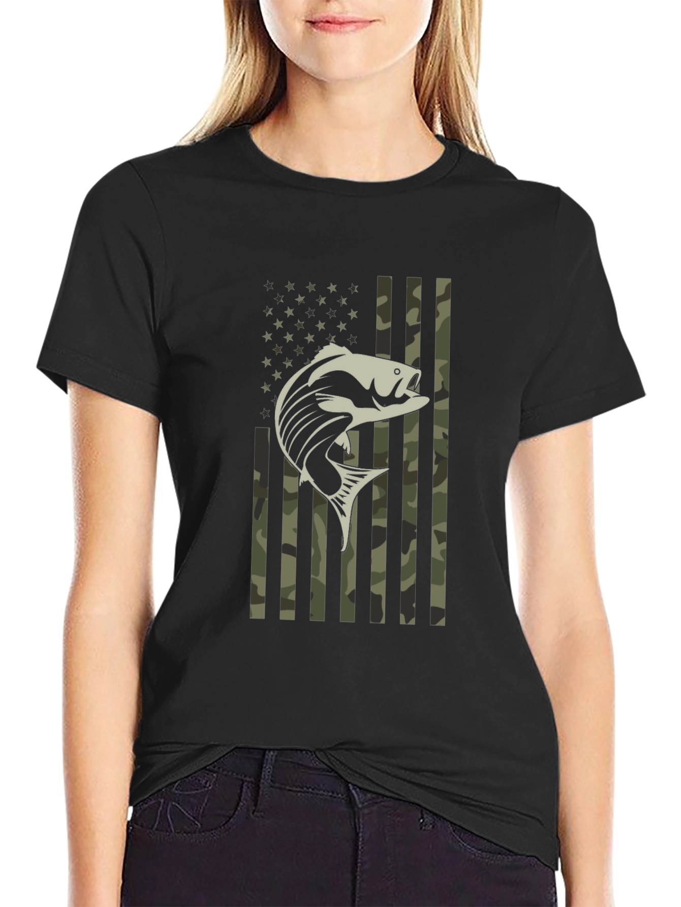 Patriotic Fishing T-Shirt Camo American Flag Bass Graphic