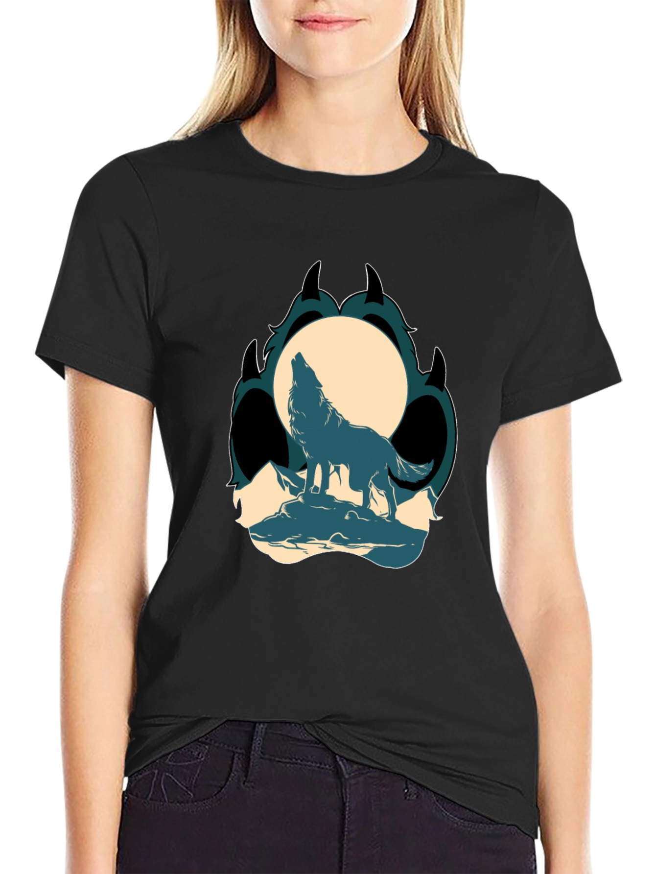 Wolf Howling at Moon Graphic Tee - Black