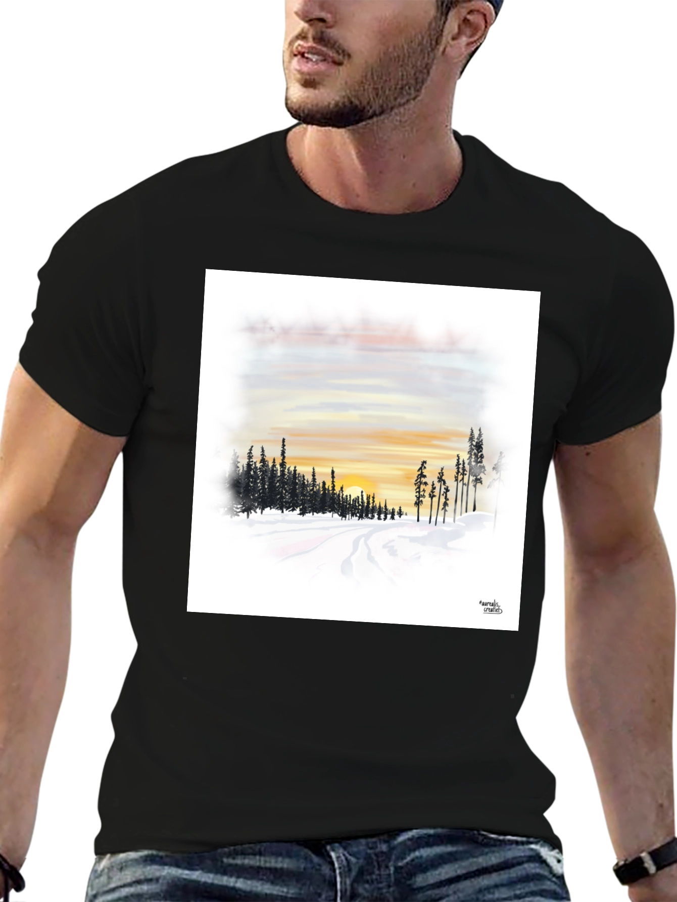 Sunset Winterscape Graphic Tee - Soft Black
