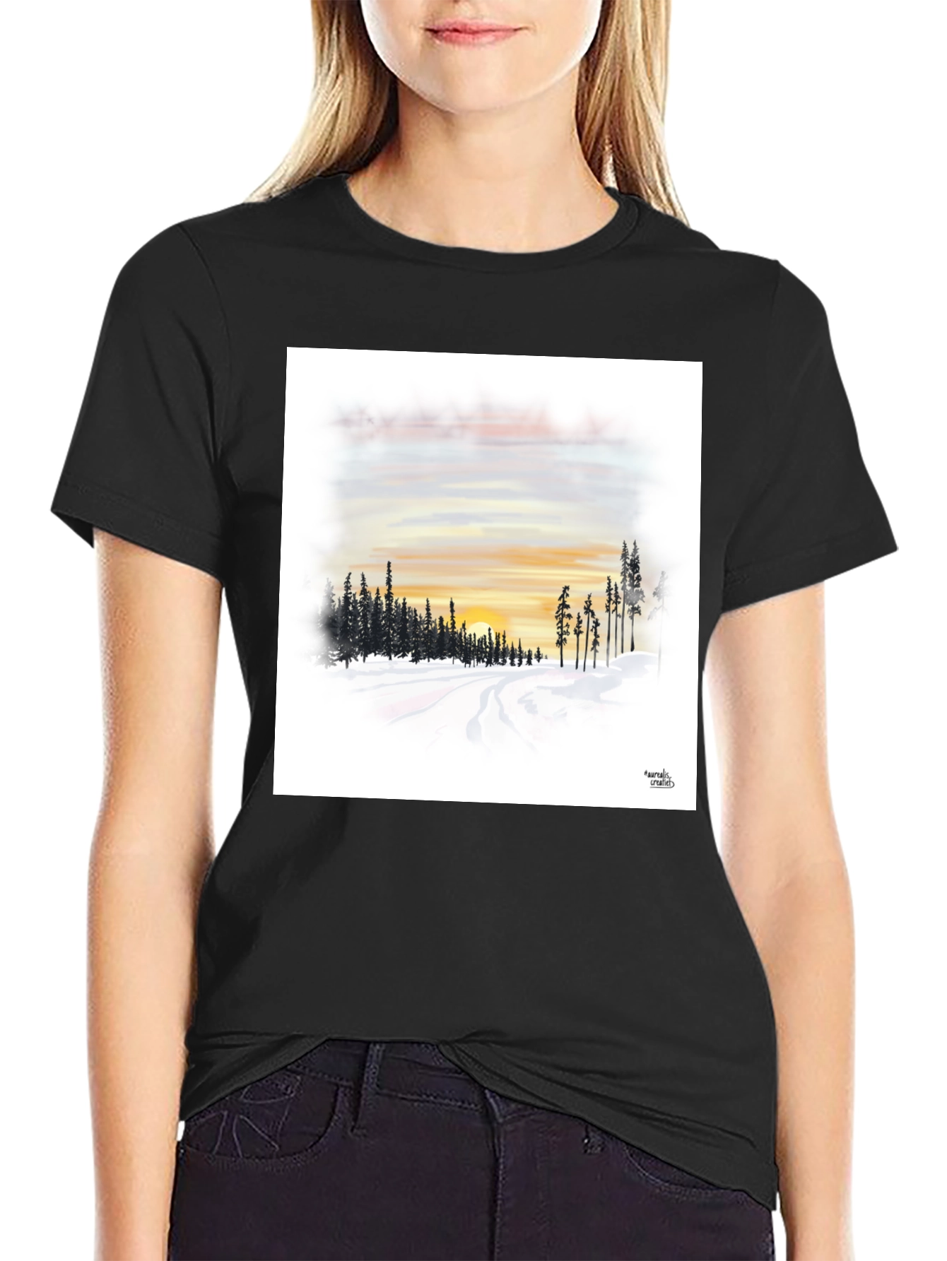 Sunset Winterscape Graphic Tee - Soft Black