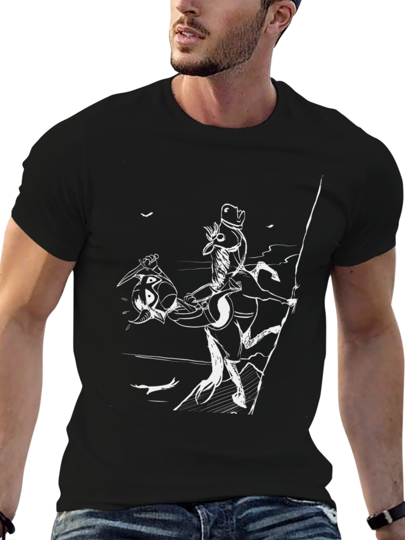 Black T-Shirt with Cartoon Horse Rider Print