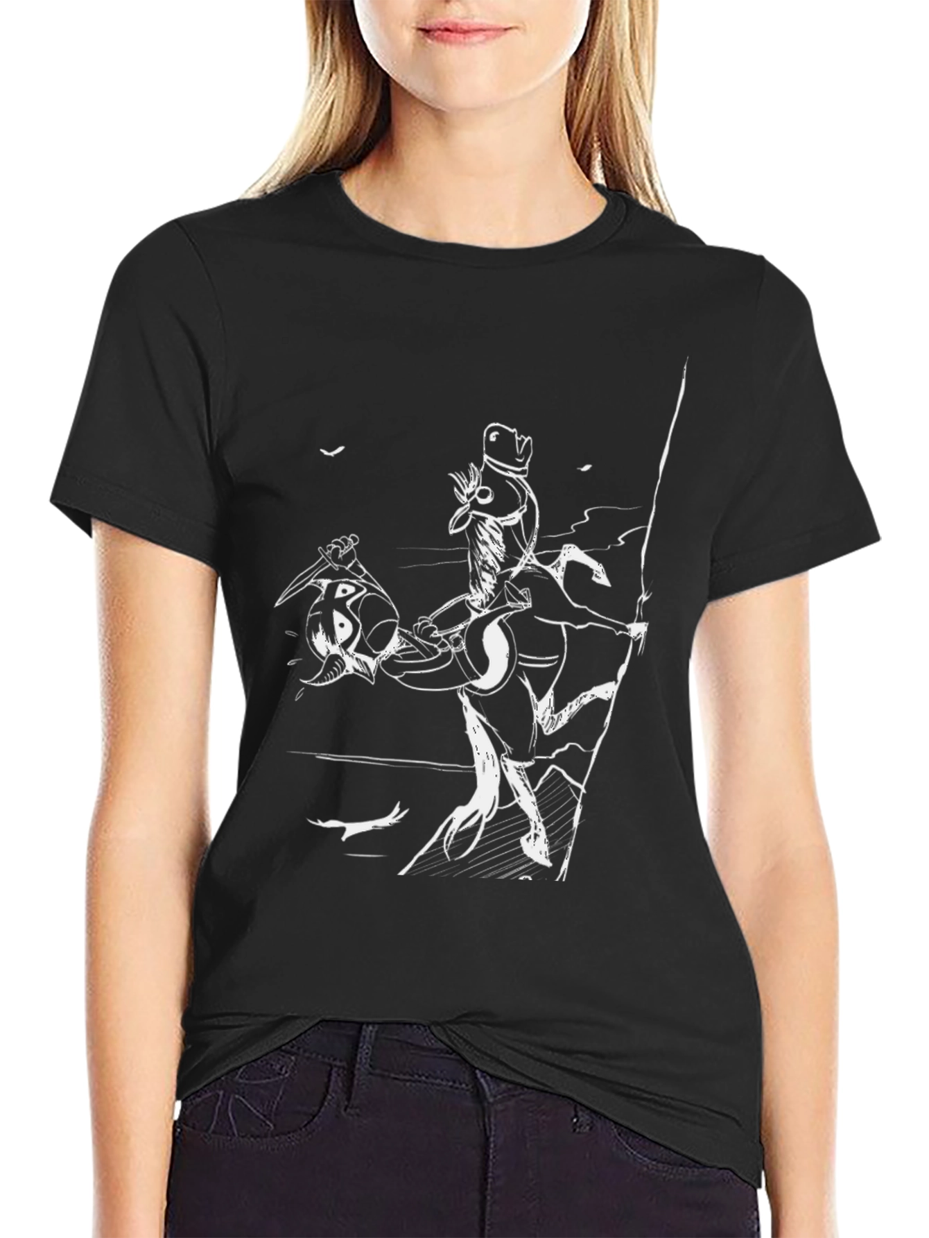 Black T-Shirt with Cartoon Horse Rider Print