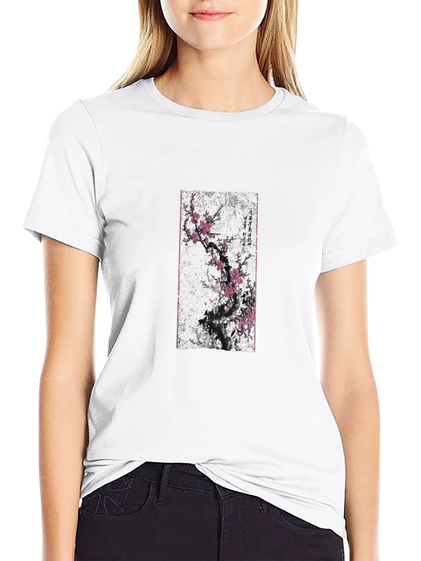 Black T-Shirt with Blossom Tree Graphic