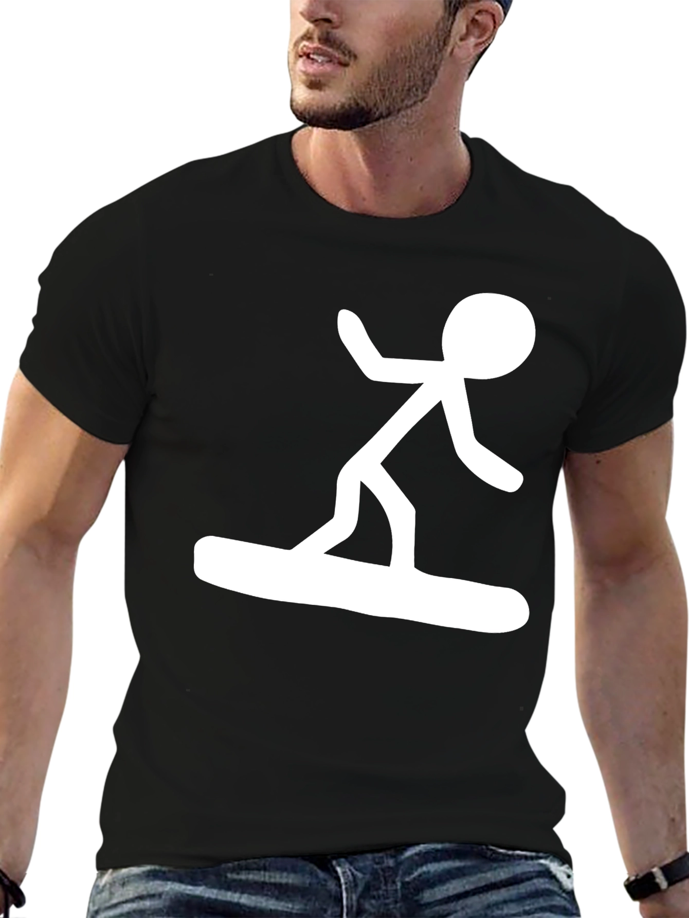 Stick Figure Surfer Black T-Shirt