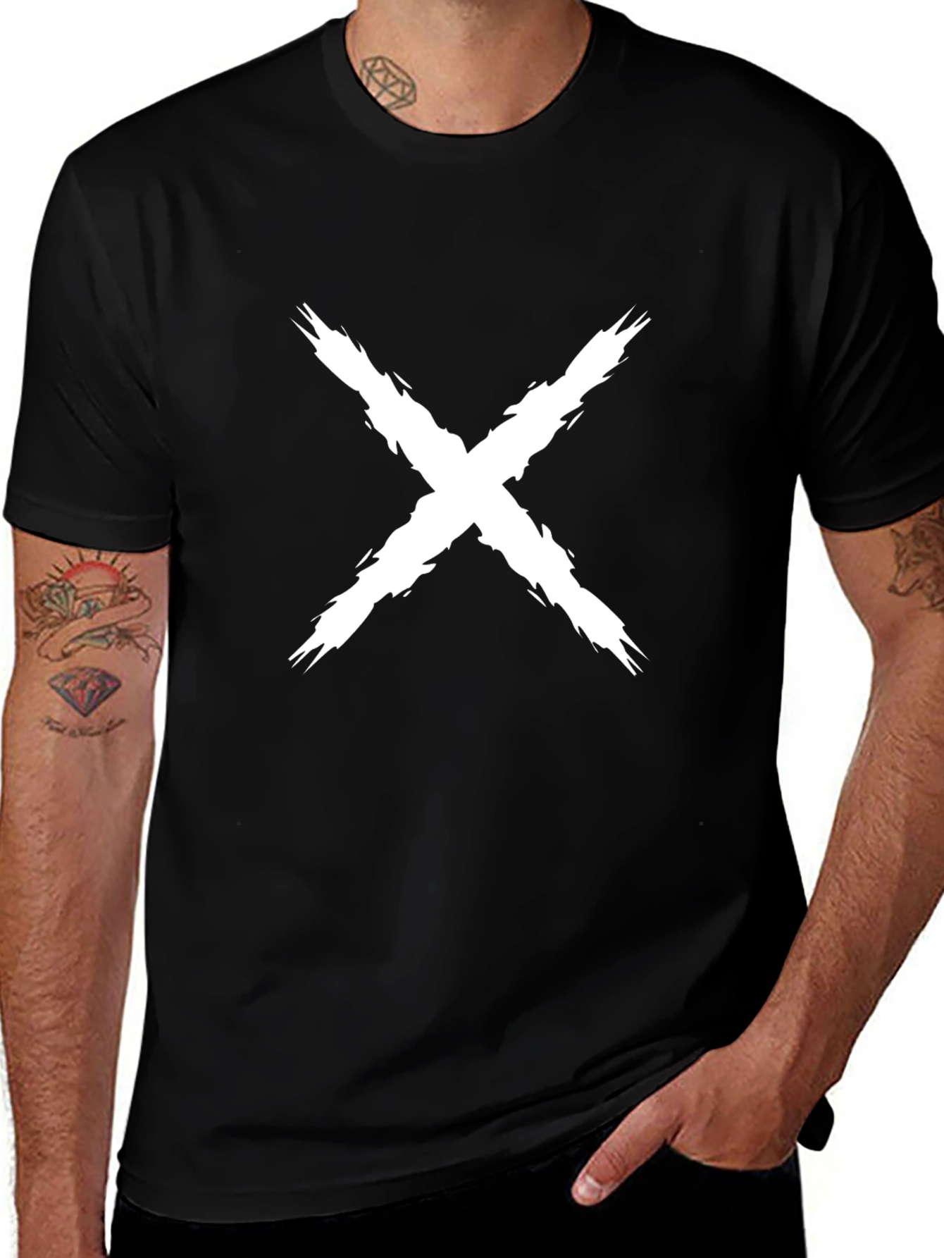 Mens Black T-Shirt with White X Design