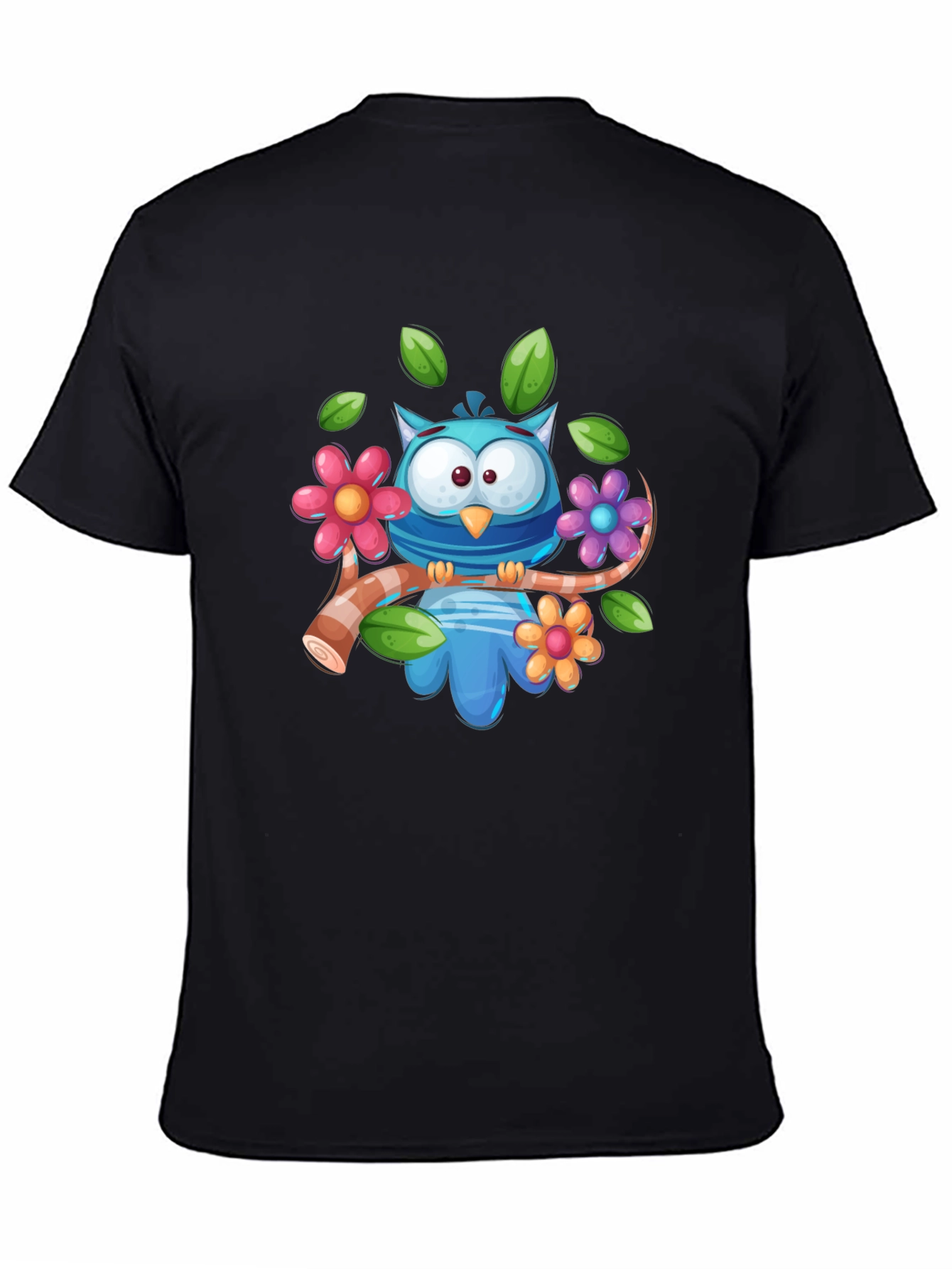 Cute Owl on Branch Graphic Tee - Black