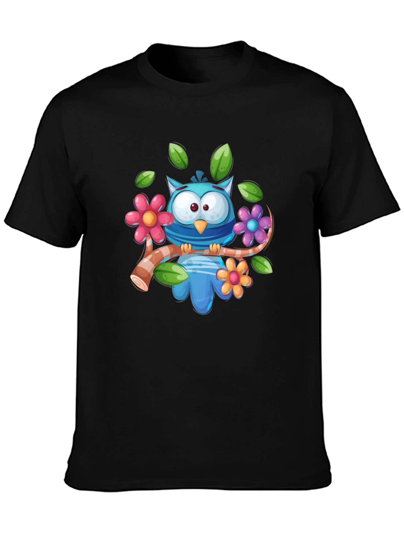 Cute Owl on Branch Graphic Tee - Black