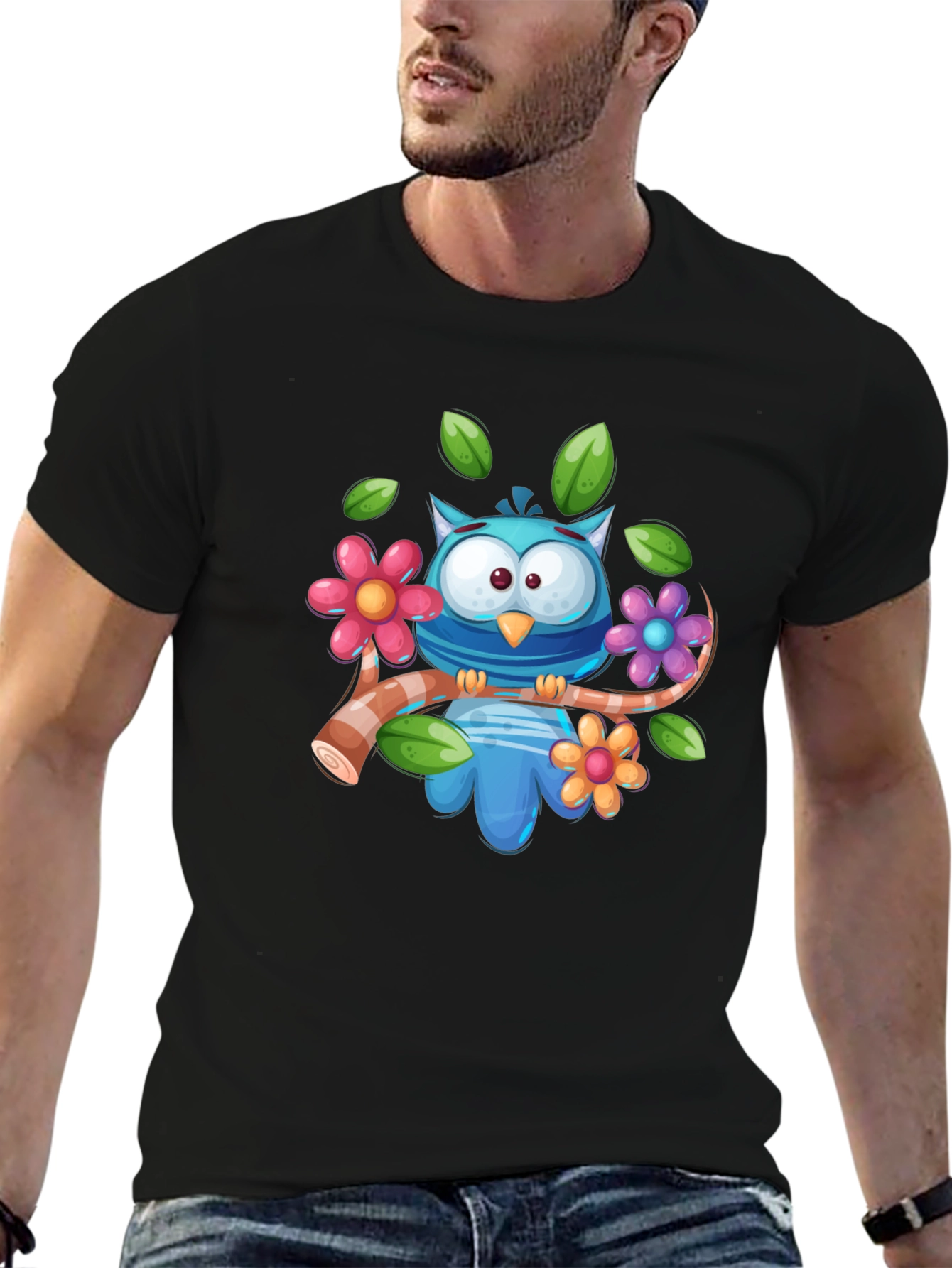 Cute Owl on Branch Graphic Tee - Black
