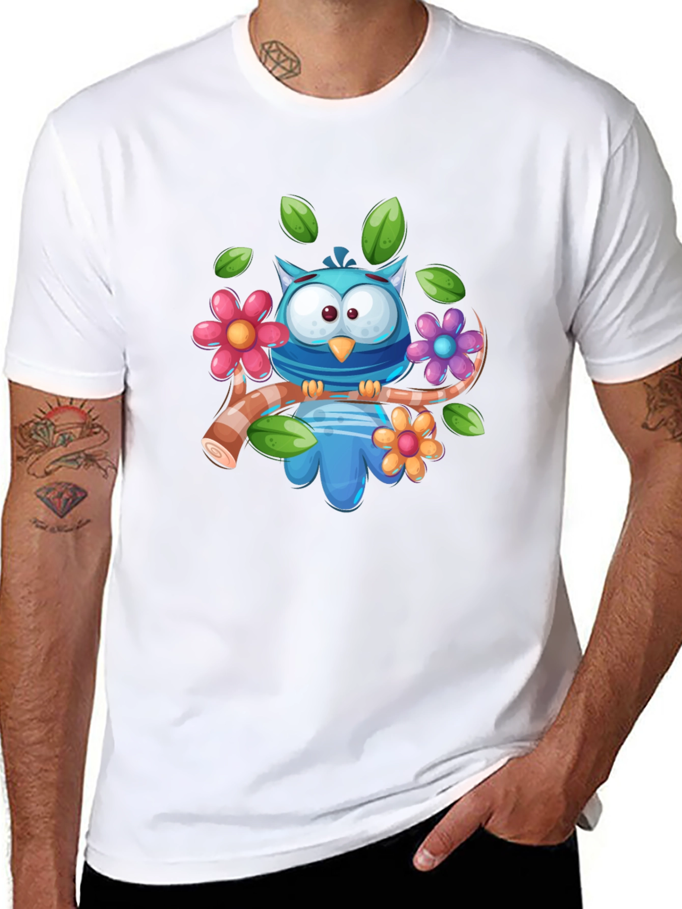 Cute Owl on Branch Graphic Tee - Black