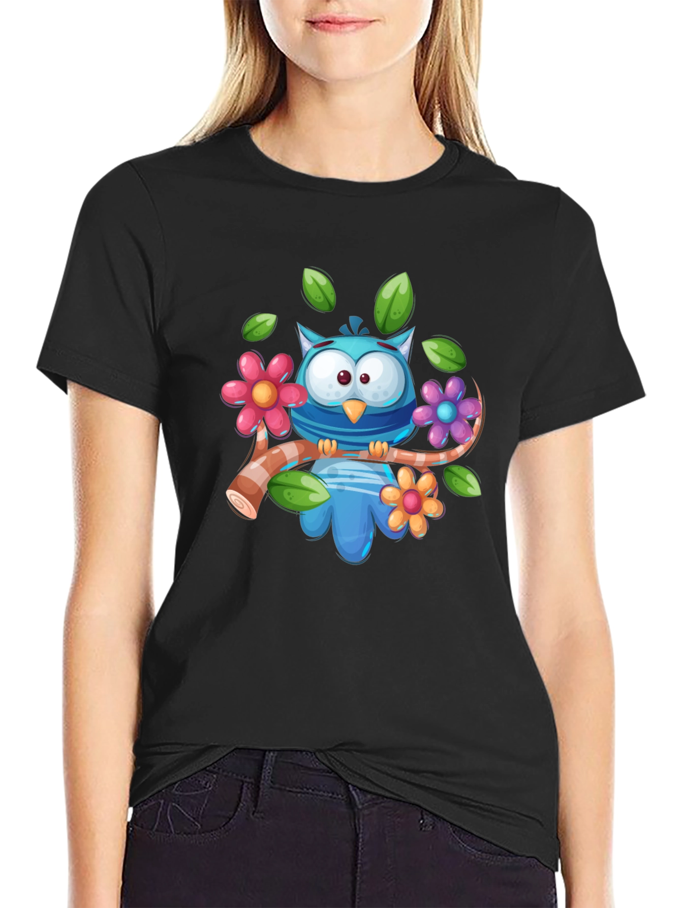 Cute Owl on Branch Graphic Tee - Black