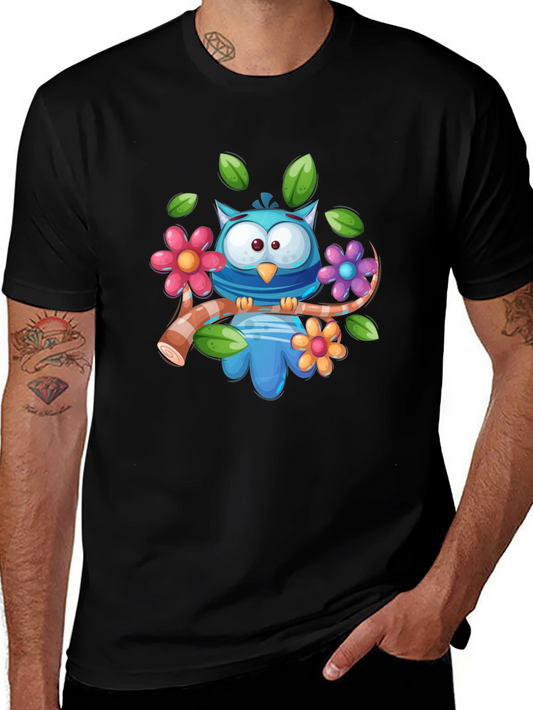 Cute Owl on Branch Graphic Tee - Black