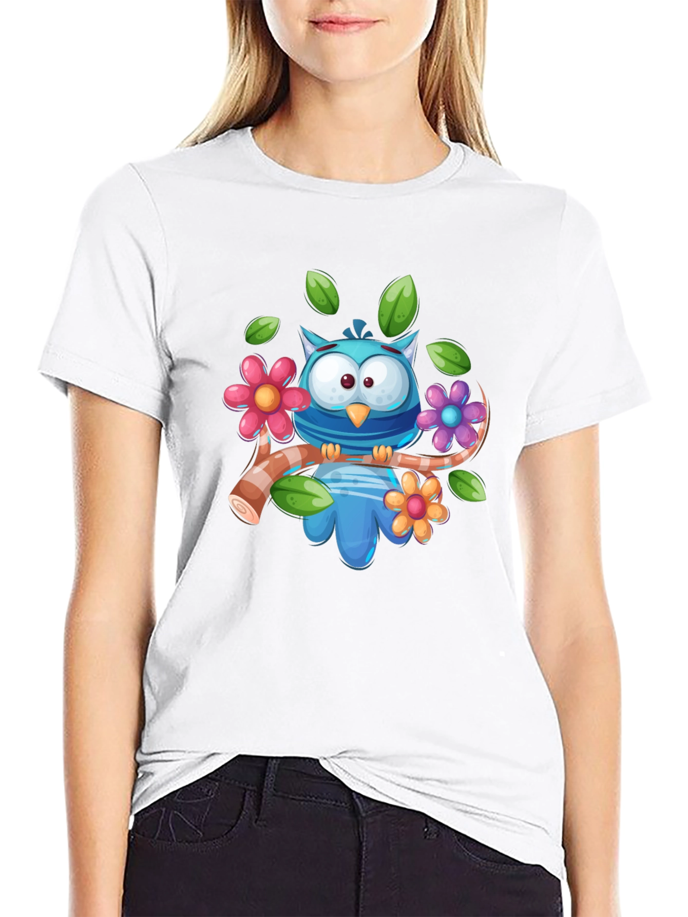 Cute Owl on Branch Graphic Tee - Black